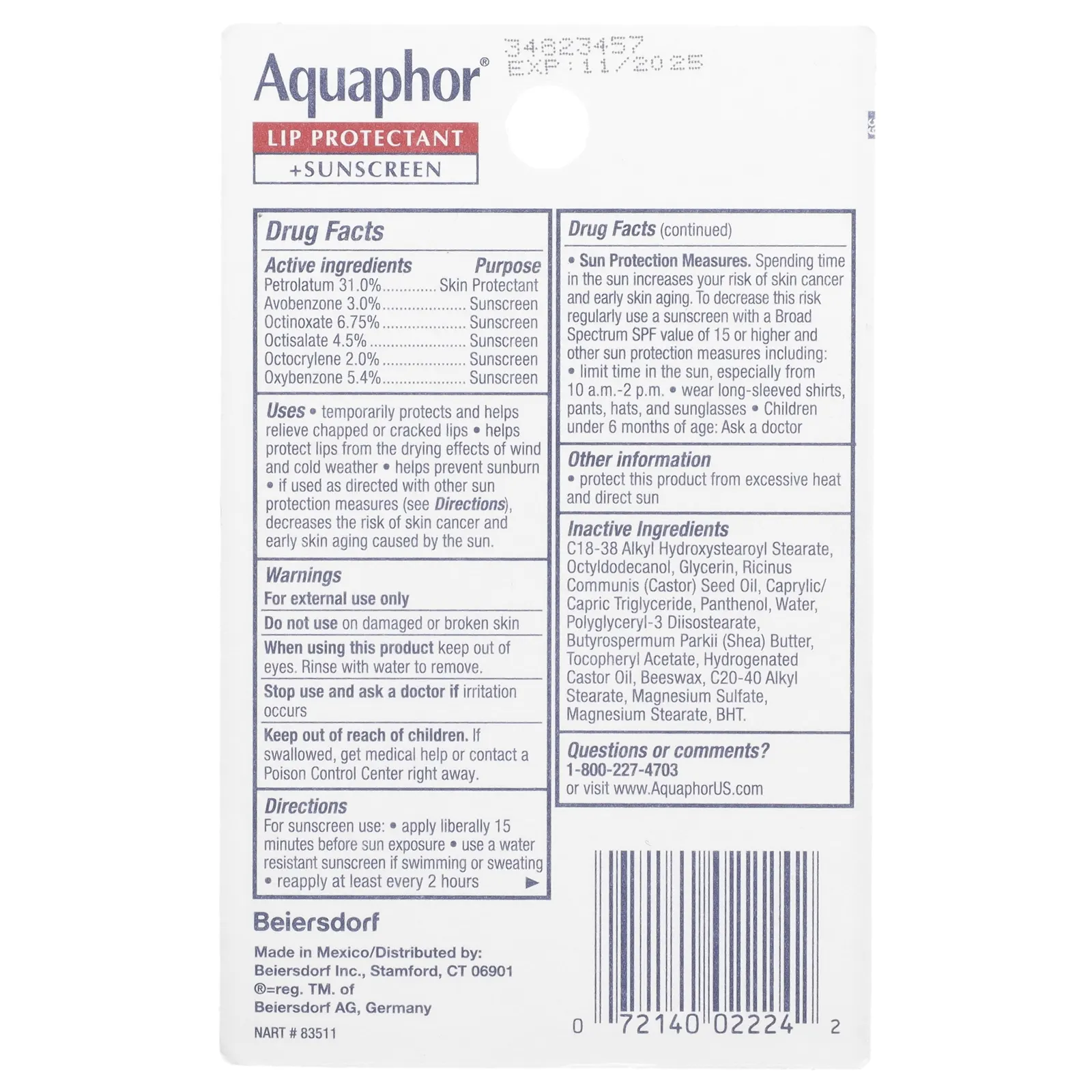 Aquaphor, Средство для защиты губ и солнцезащитное средство, SPF 30, 2 тюбика по 10 мл (0,35 жидк. Унции)