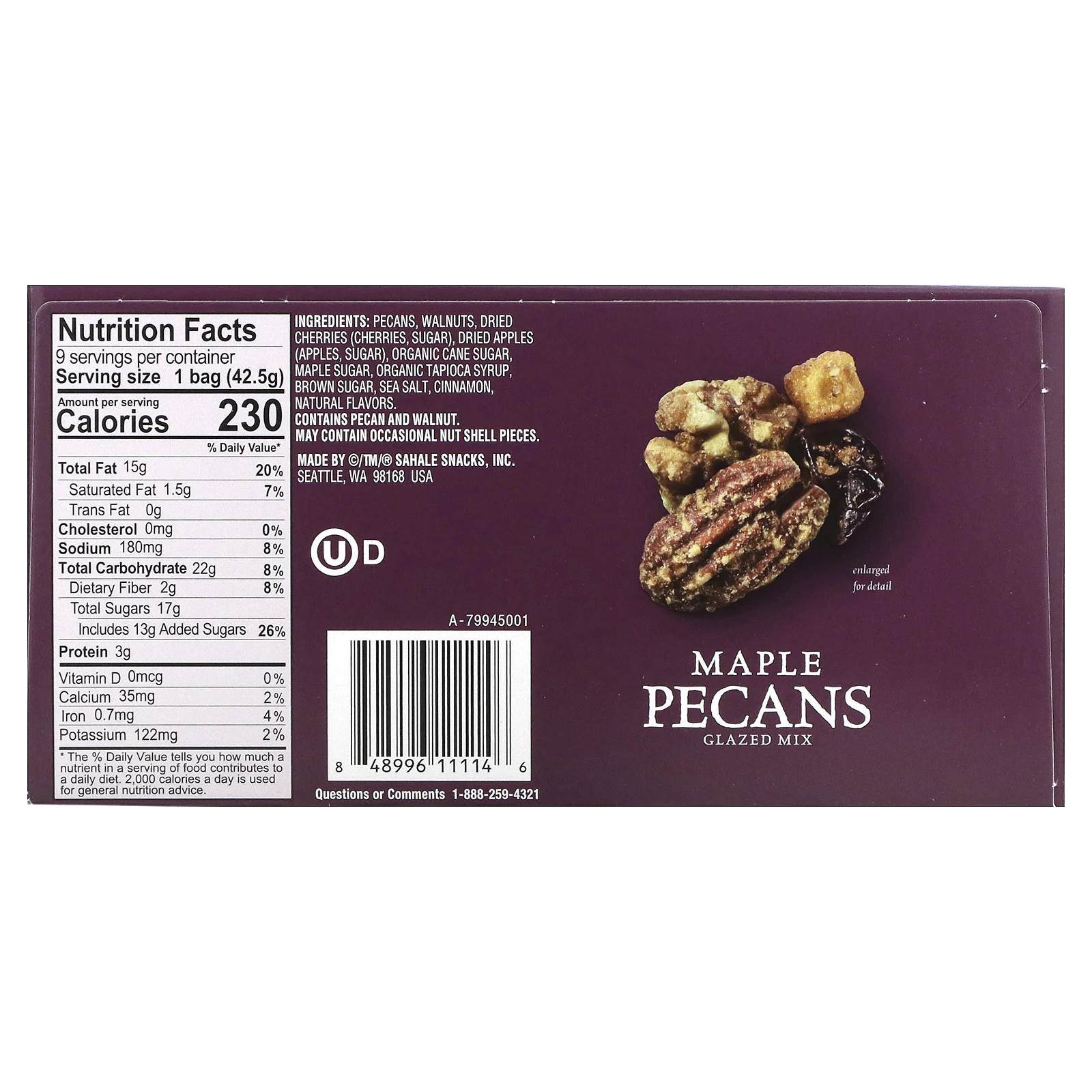 Sahale Snacks, Глазированный батончик, кленовые орехи и пекан, 9 упаковок, 1,5 унции (42,5 г)