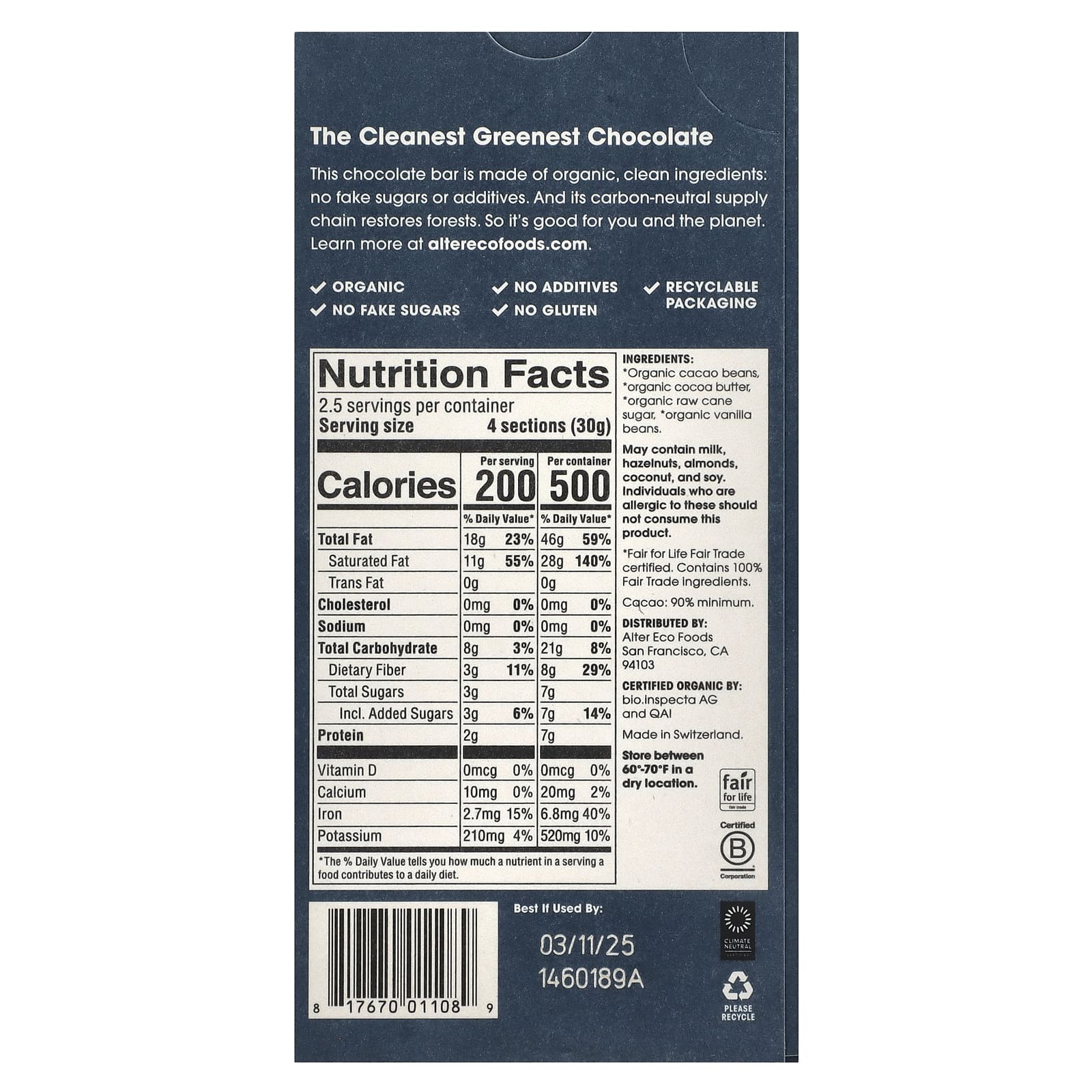 Alter Eco, плитка органического темного шоколада, экстра черный, 90% какао, 75 г (2,65 унции)