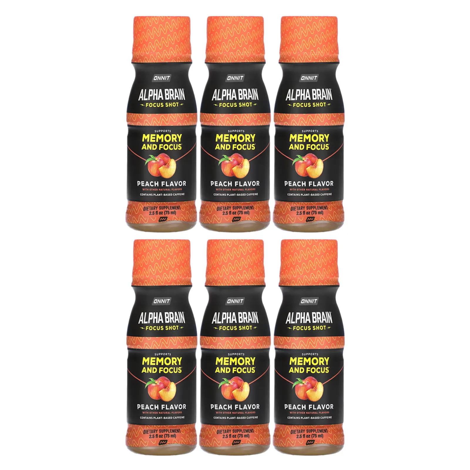 Onnit, Alpha Brain Focus Shot, персик, 6 флаконов по 75 мл (2,5 жидк. Унции)