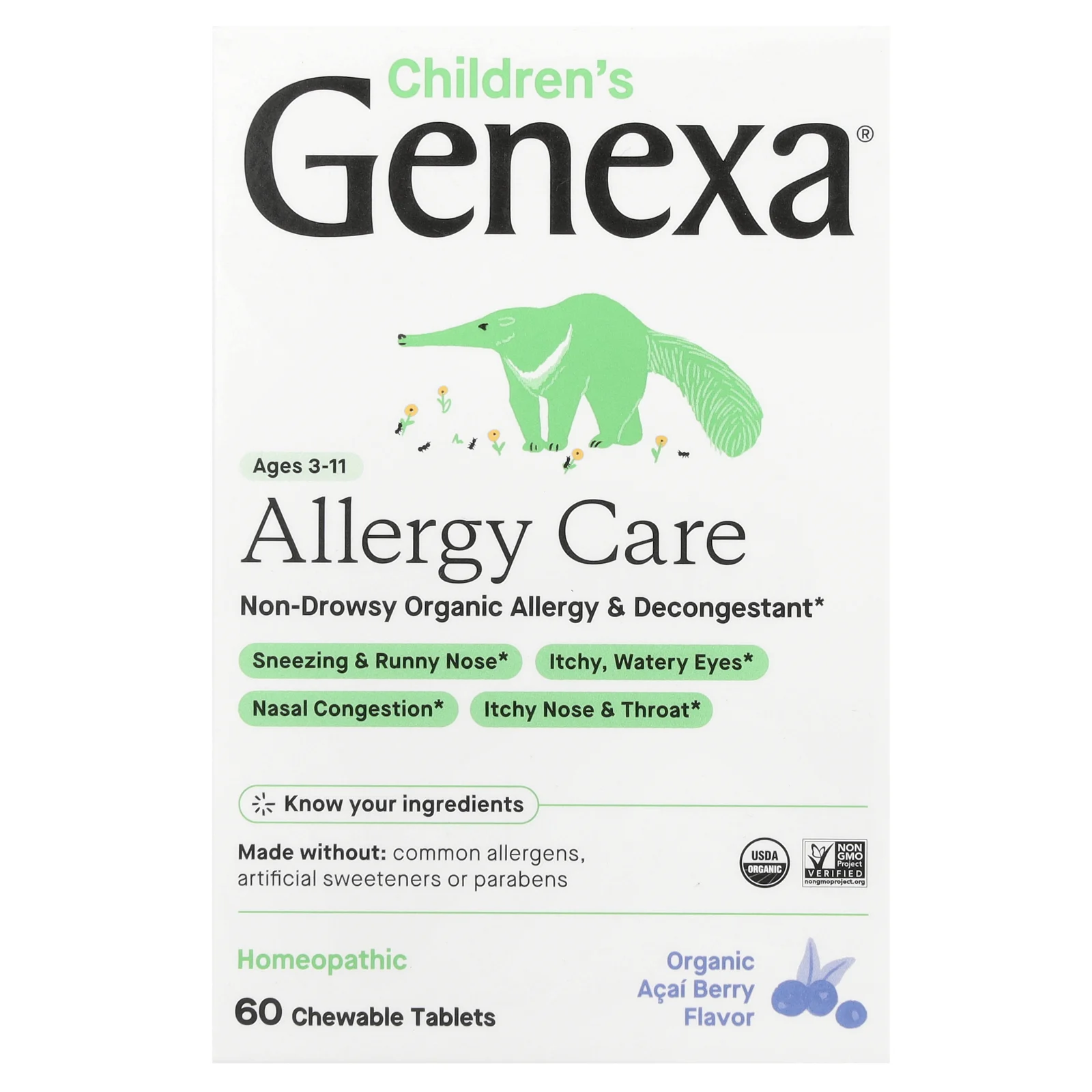 Genexa, Allergy Care, органическое средство от аллергии и отеков для детей, органические ягоды асаи, 60 жевательных таблеток