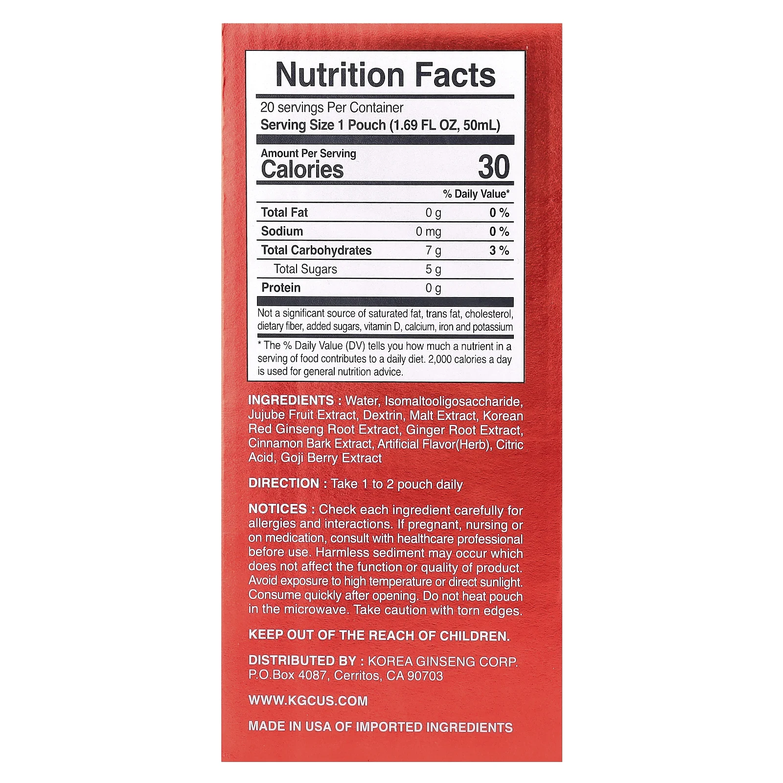 CheongKwanJang, Hong Sam Won, напиток из корейского красного женьшеня, 20 пакетиков, 50 мл каждый