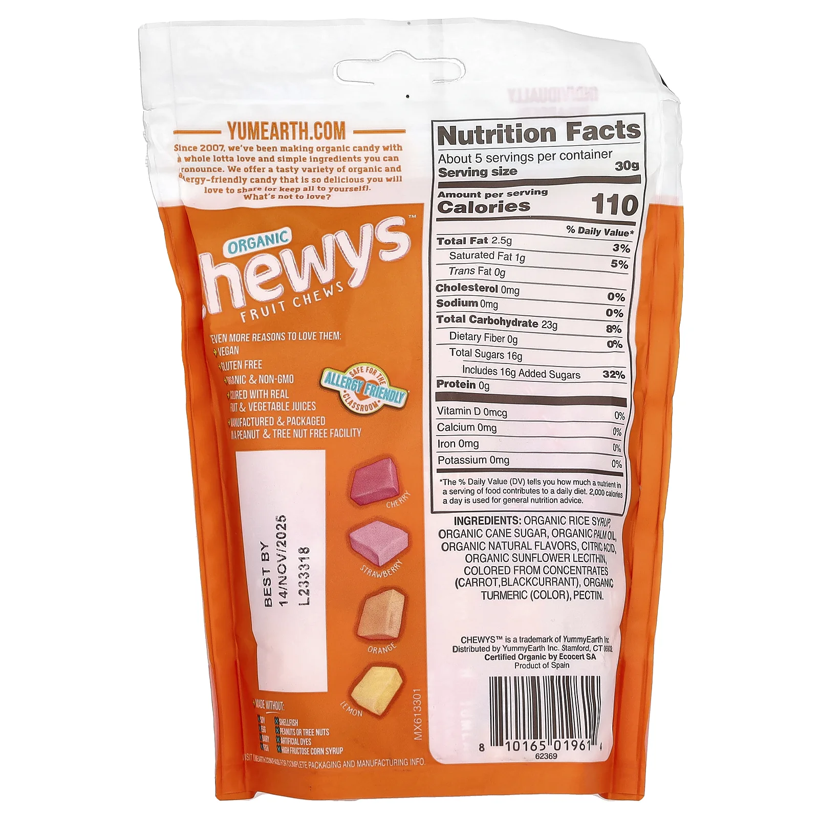 YumEarth, органические фруктовые жевательные конфеты, лимон, апельсин, клубника, вишня, 142 г (5 унций)