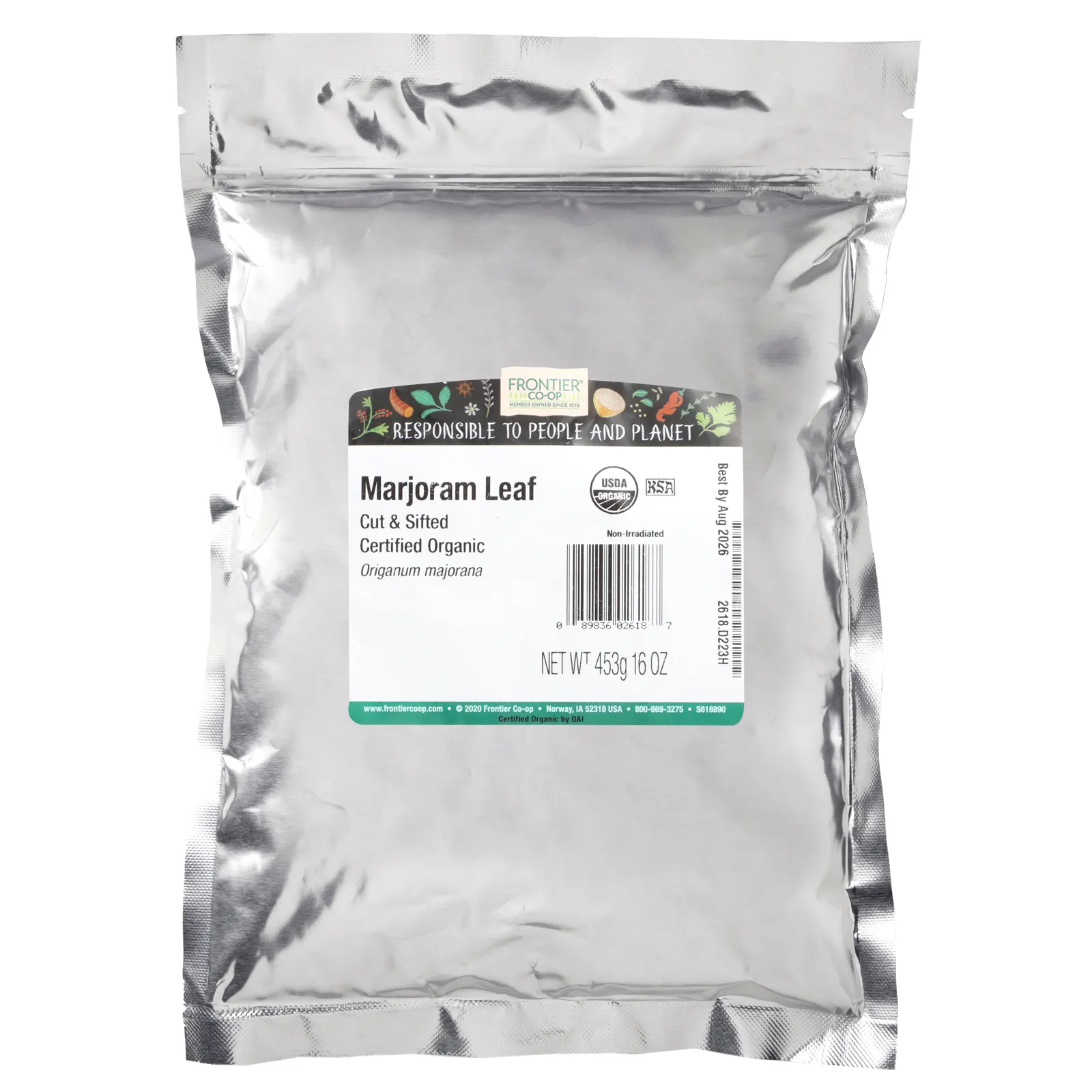 Frontier Co-op, Органические нарезанные и просеянные листья майорана, 453 г (16 унций)