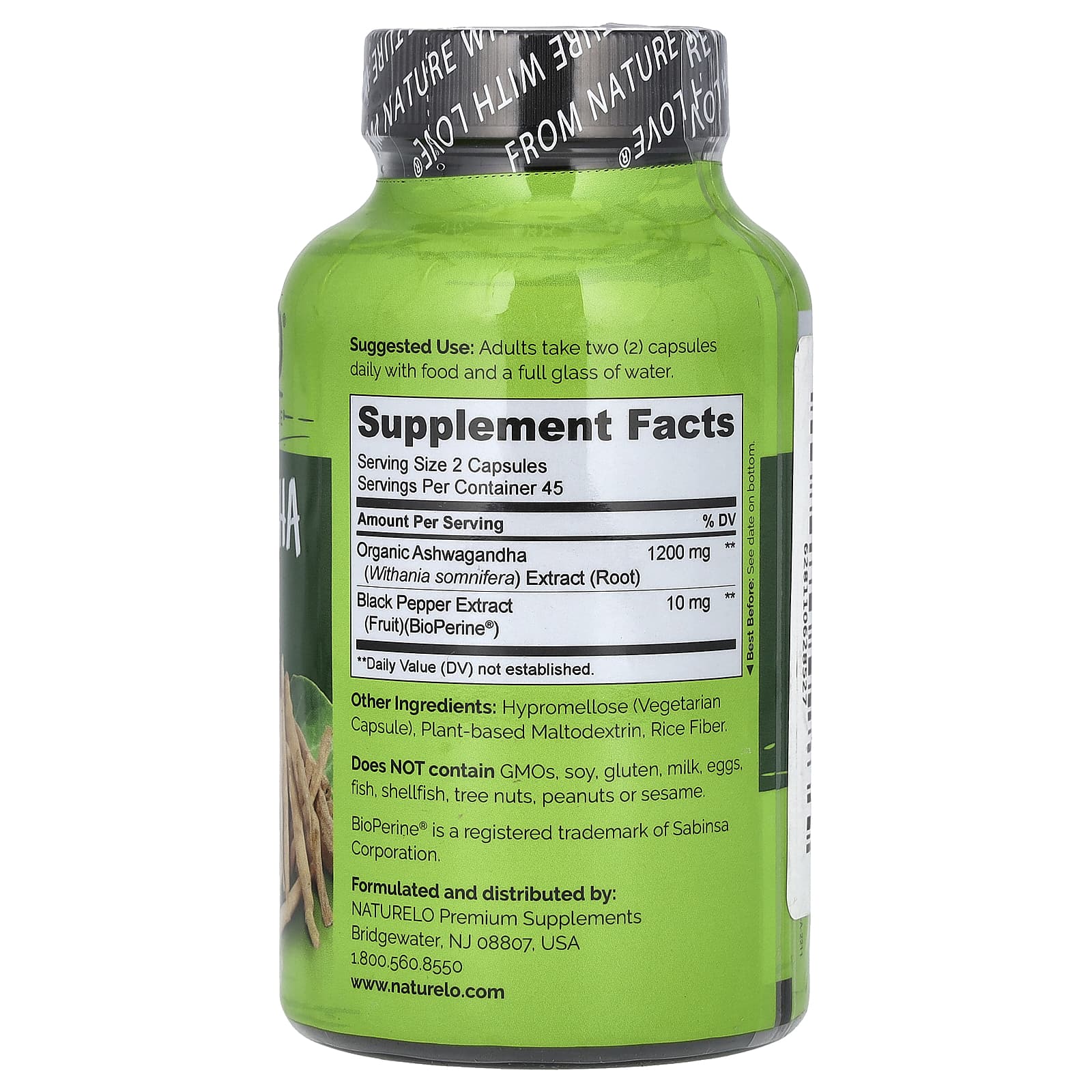 NATURELO, Ашваганда с BioPerine®, 90 вегетарианских капсул