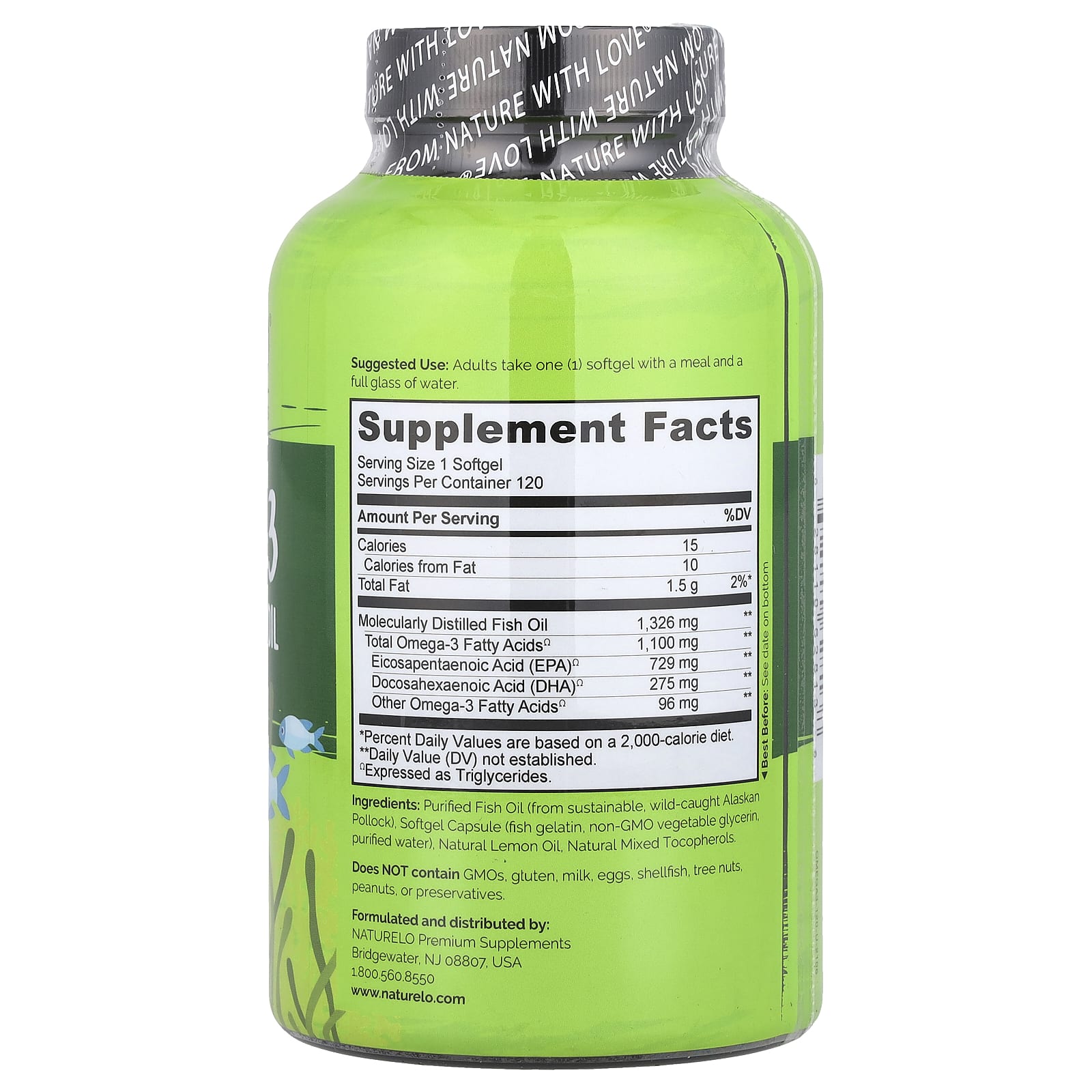 NATURELO, рыбий жир в форме триглицеридов омега-3, 1100 мг, 120 капсул