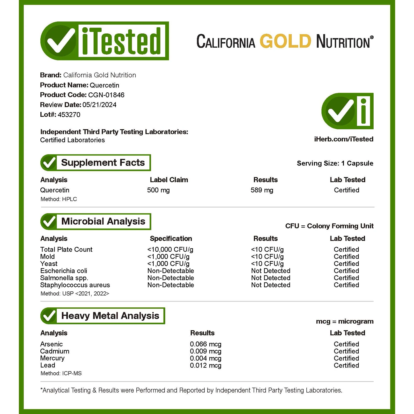 California Gold Nutrition, кверцетин, 500 мг, 180 растительных капсул