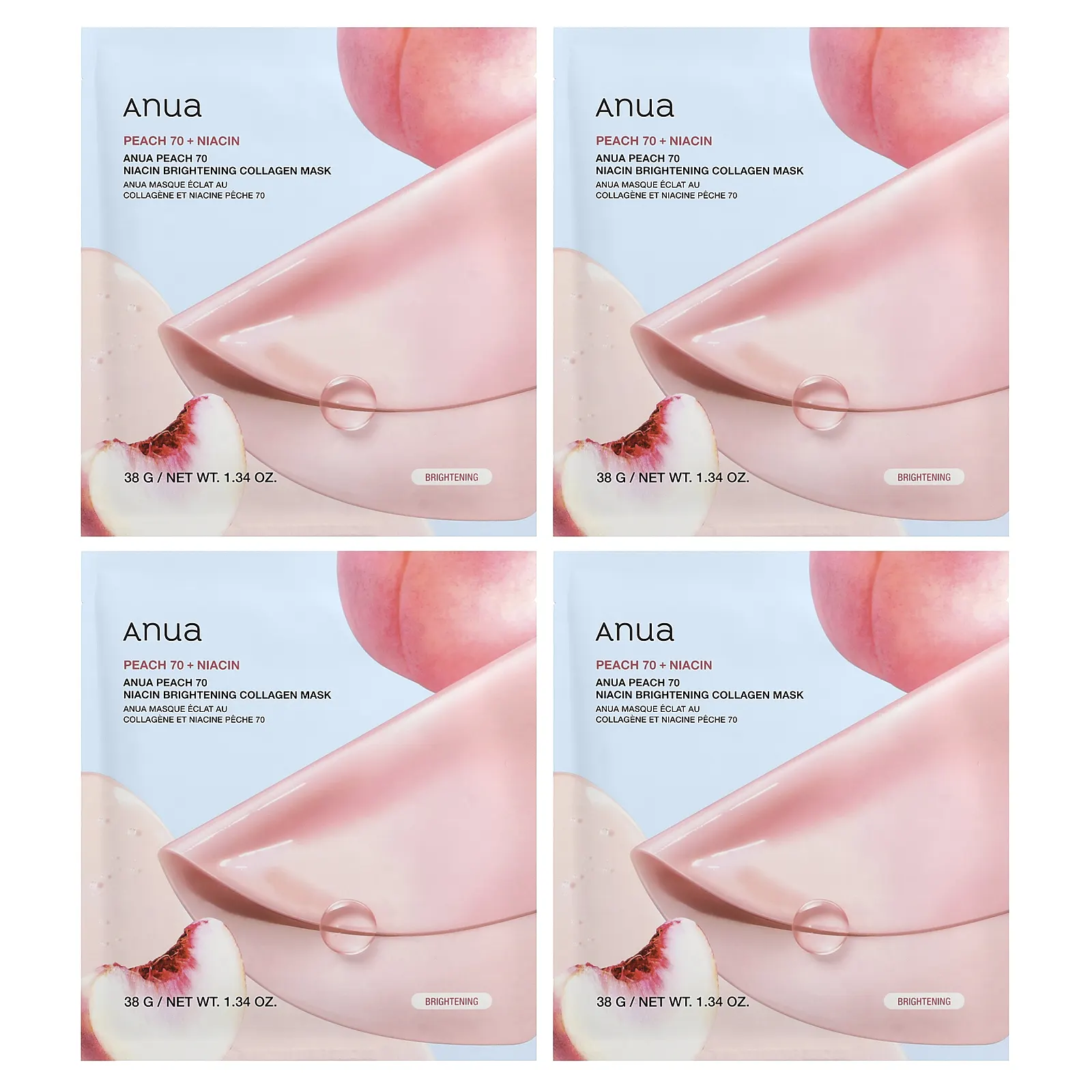 Anua, осветляющая маска для лица с коллагеном и ниацином с персиком, 4 шт. по 38 г (1,34 унции)