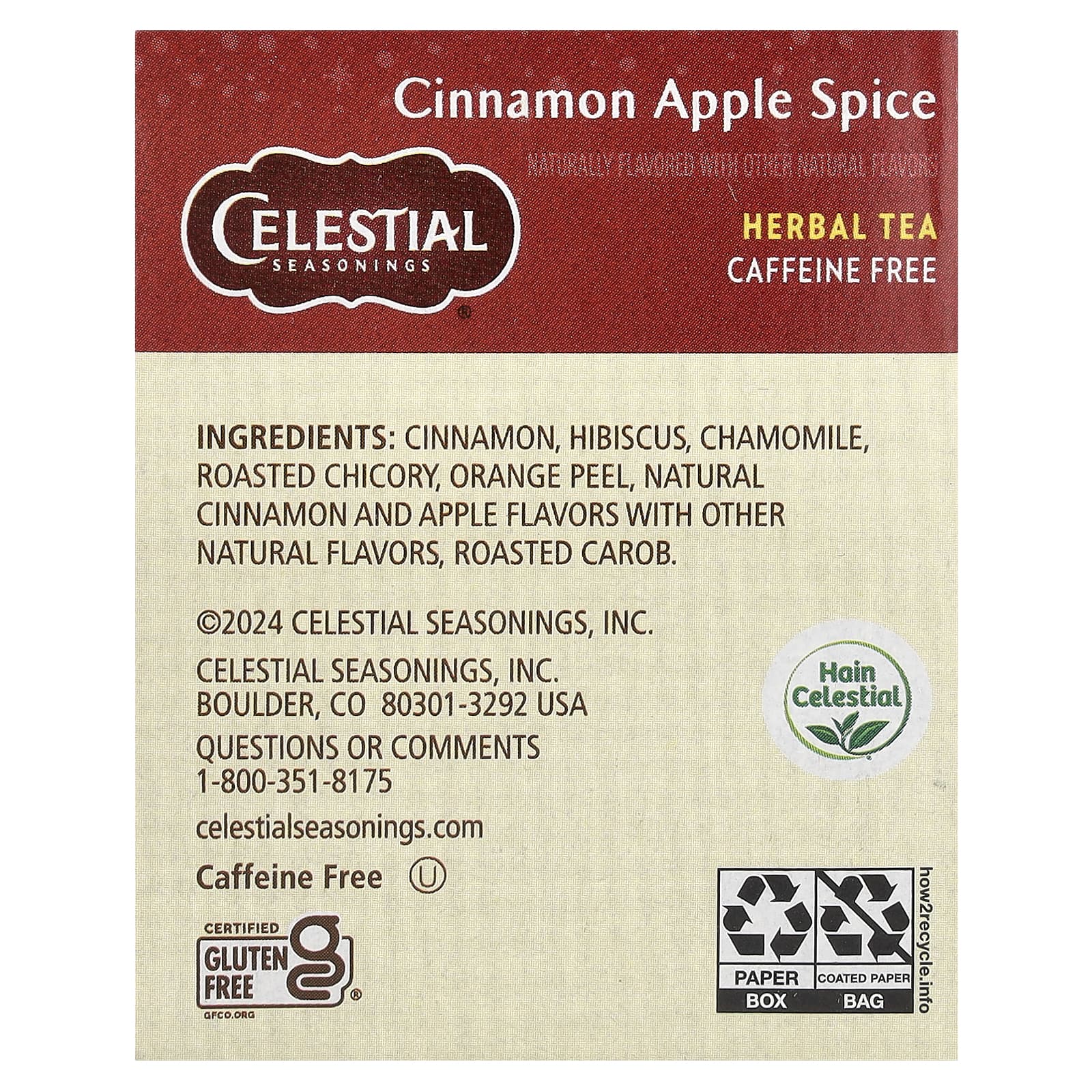 Celestial Seasonings, травяной чай, со вкусом корицы и яблока, без кофеина, 20 чайных пакетиков, 48 г (1,7 унции)