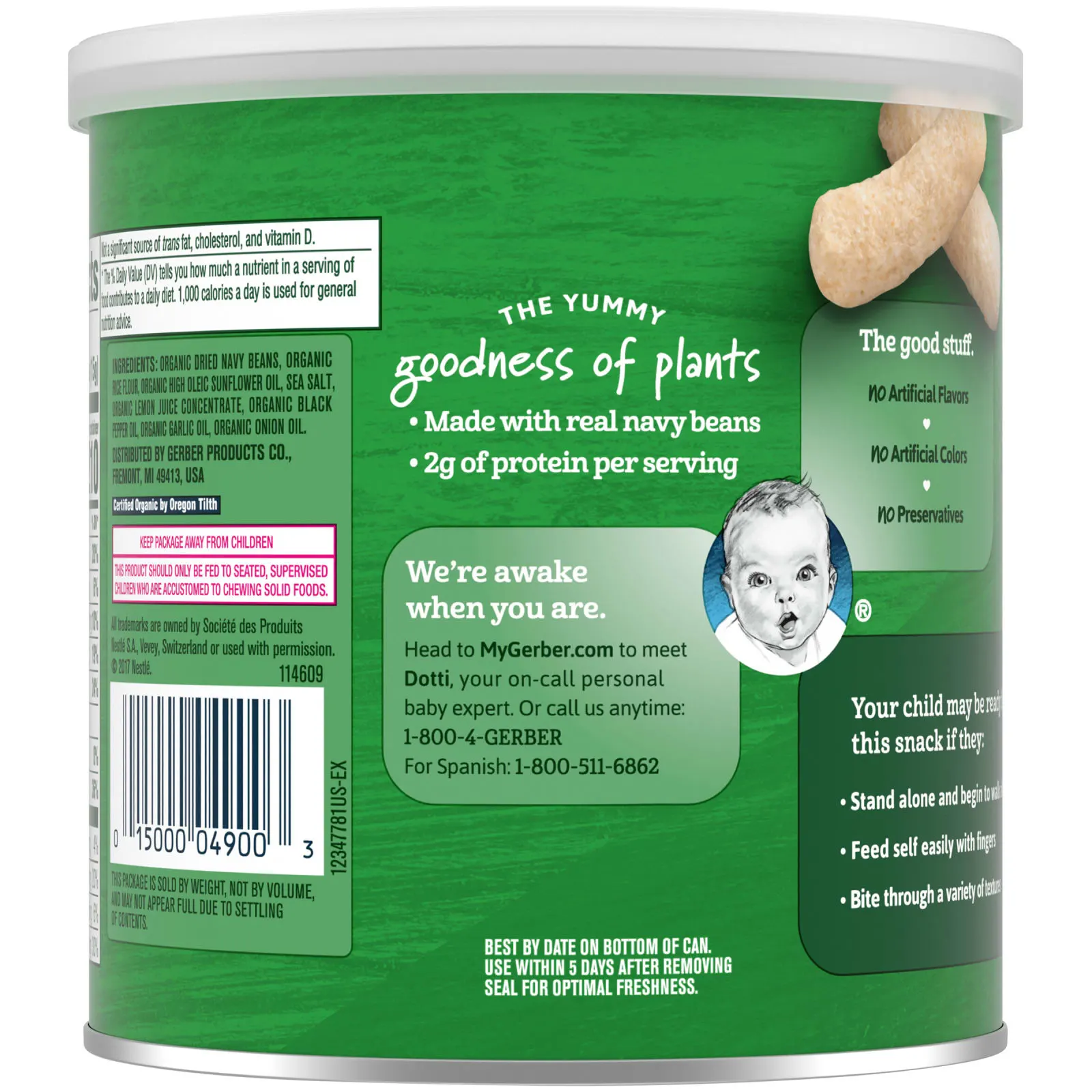 Gerber, Organic для малышей, маленькие хрустящие хлопья, с растительным вкусом, запеченные снеки, для детей от 12 месяцев, хумус из белой фасоли, 45 г (1,59 унции)