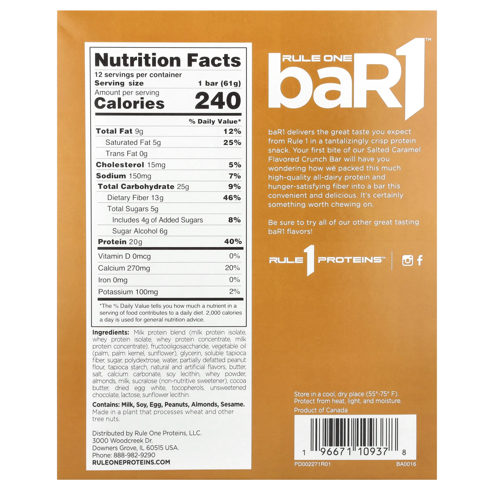 Rule One Proteins, baR1, батончик с соленой карамелью, 12 батончиков, 61 г (2,15 унции)