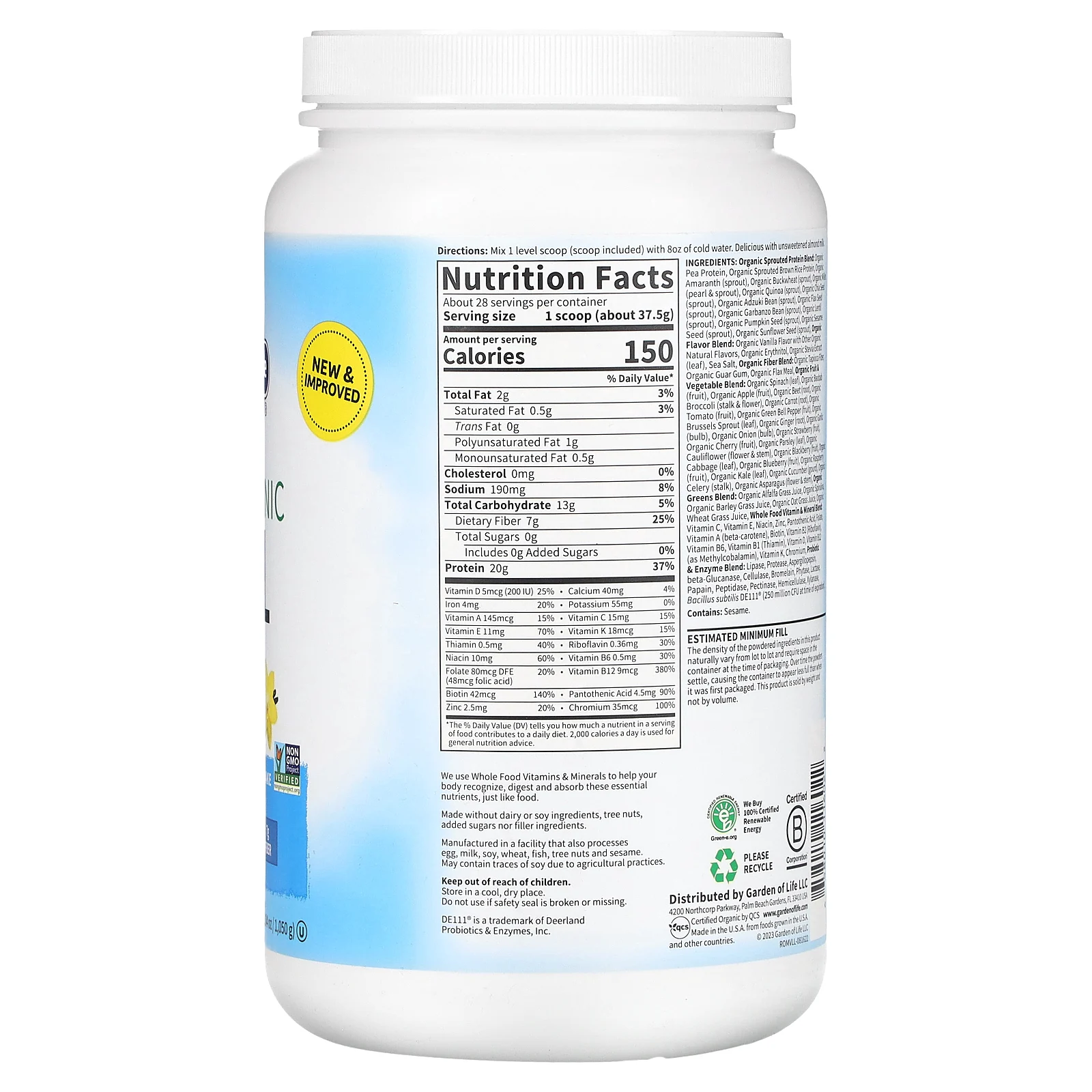 Garden of Life, сырой органический снек, органический заменитель коктейлей и пищи, ваниль, 969 г (2 фунта 2 унции)