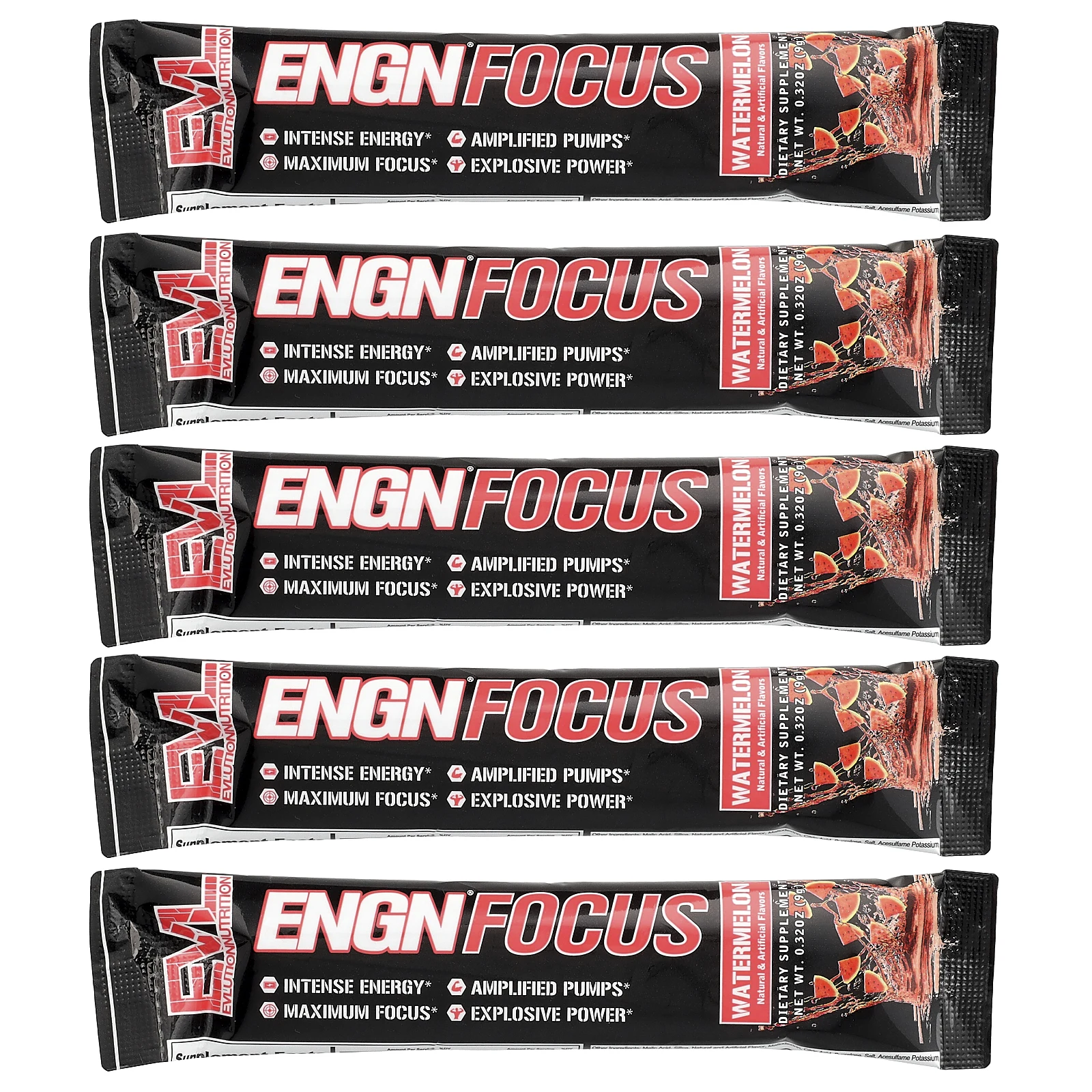 EVLution Nutrition, ENGN® Focus, со вкусом арбуза, 5 пакетиков по 9 г (0,32 унции)