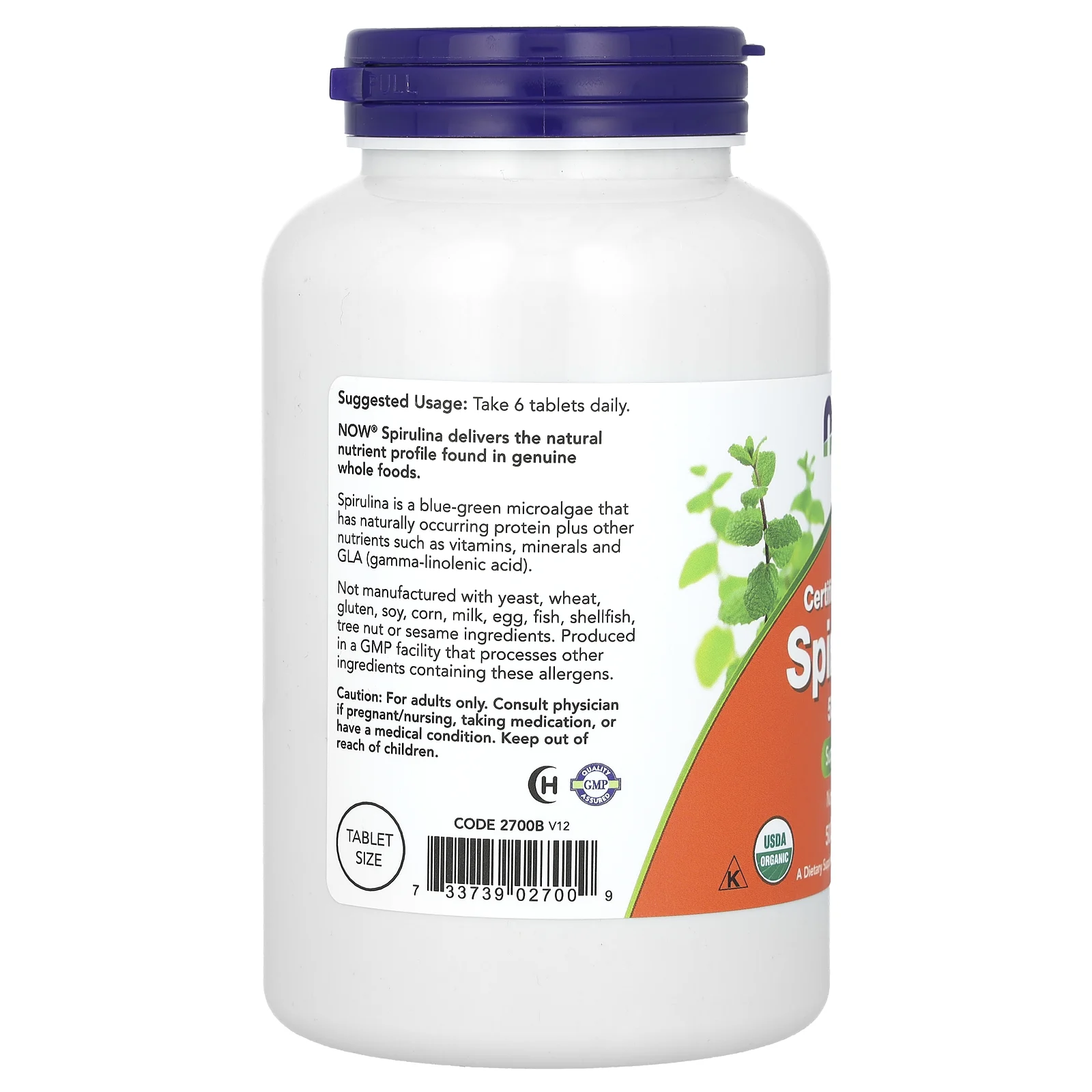 NOW Foods, сертифицированная органическая спирулина, 3000 мг, 500 таблеток (500 мг в 1 таблетке)