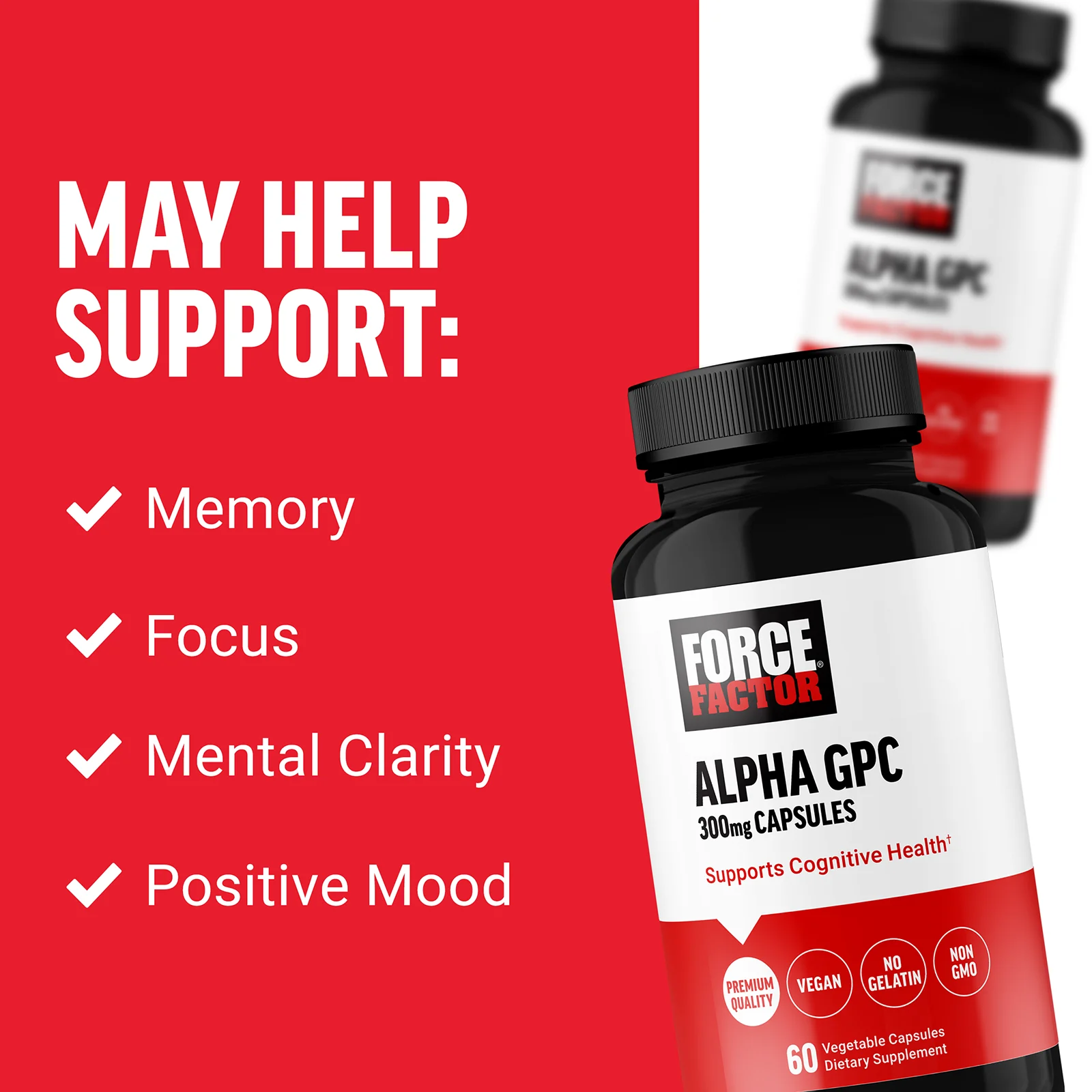 Force Factor, Alpha GPC, 600 мг, 60 растительных капсул (300 мг на капсулу)
