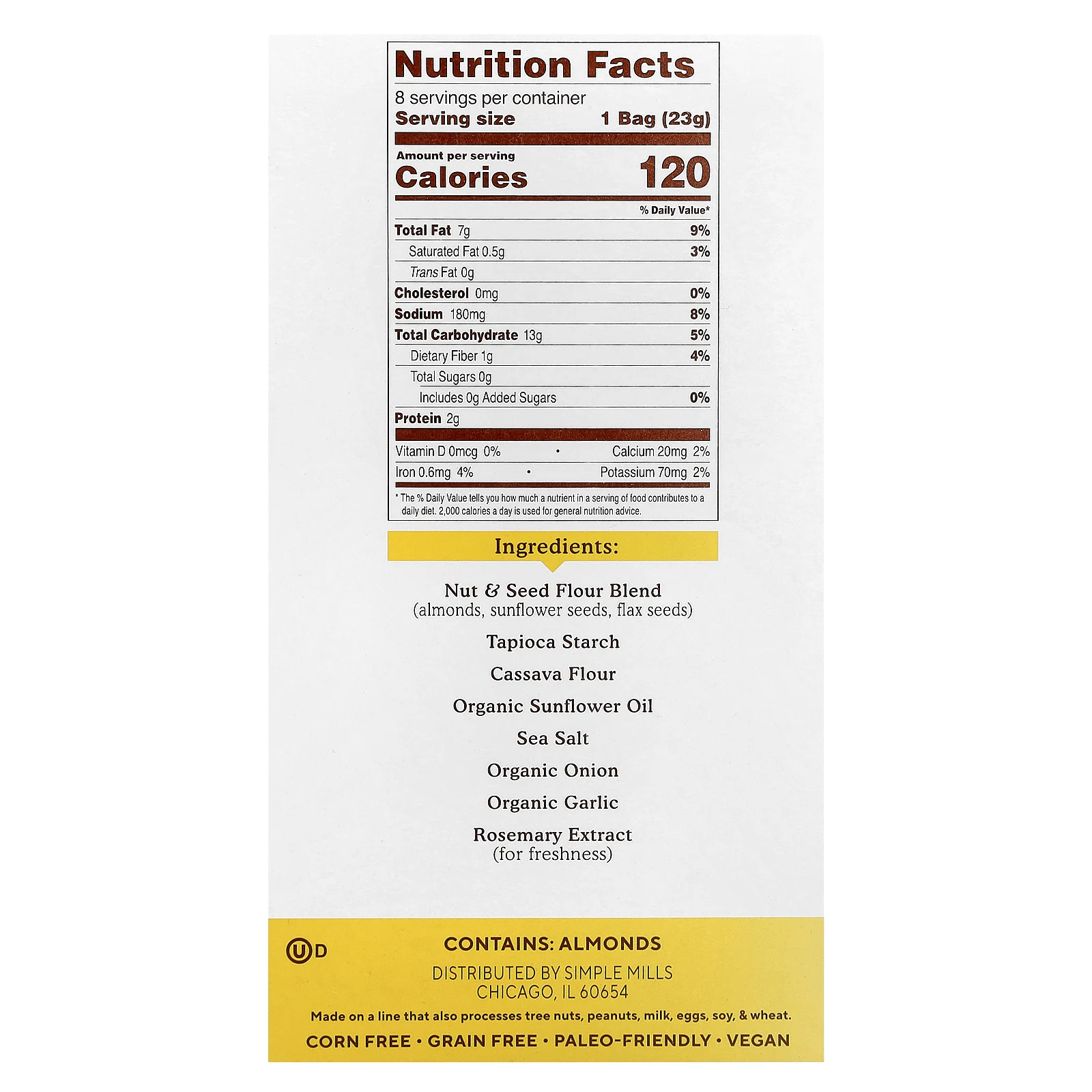 Simple Mills, Крекеры из миндальной муки, морская соль мелкого помола, 8 пакетиков по 23 г (0,8 унции)