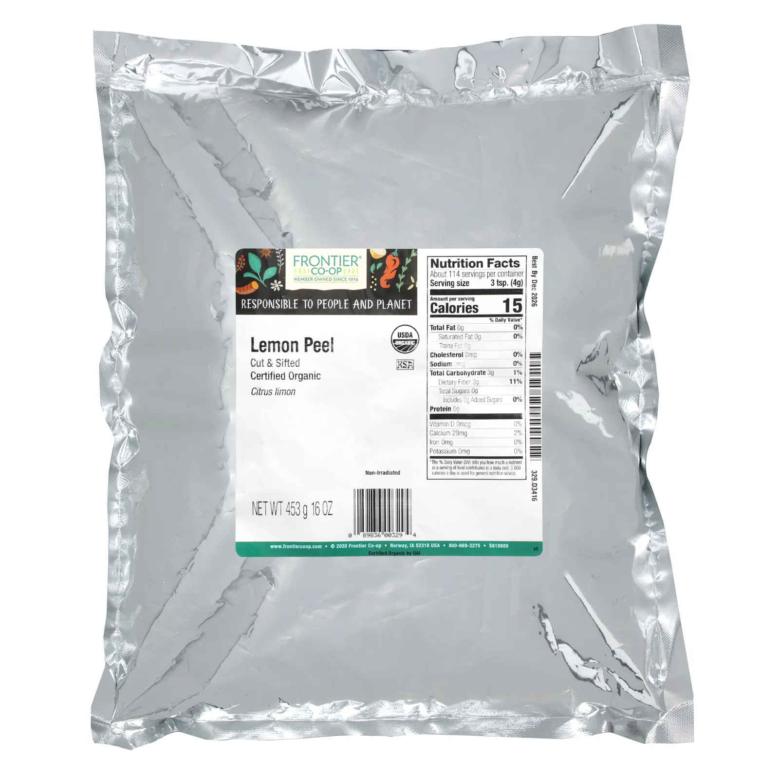 Frontier Co-op, Органическая цедра нарезанного и просеянного лимона, 453 г (16 унций)