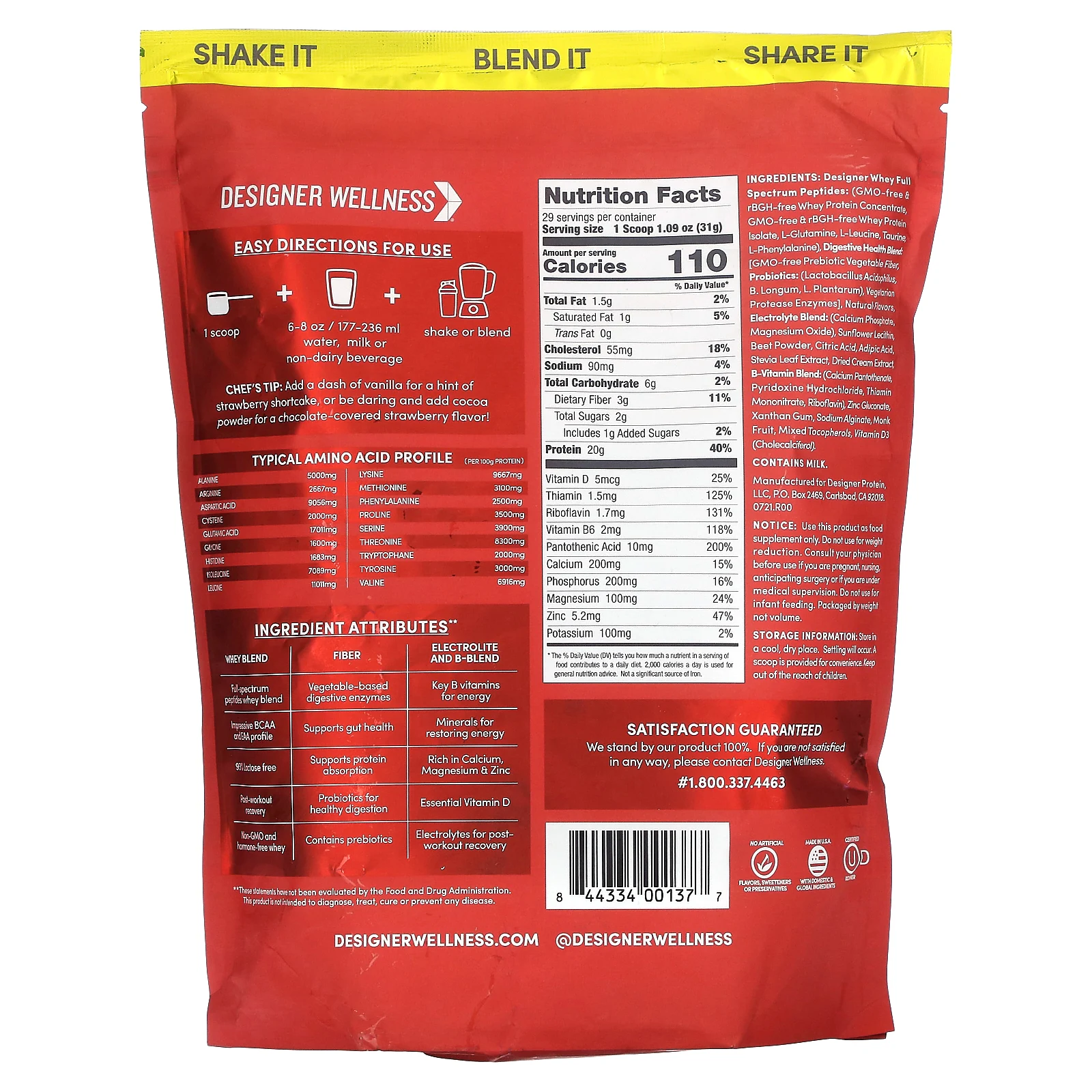 Designer Wellness, Designer Whey, натуральный 100% сывороточный протеин, со вкусом летней клубники, 908 г