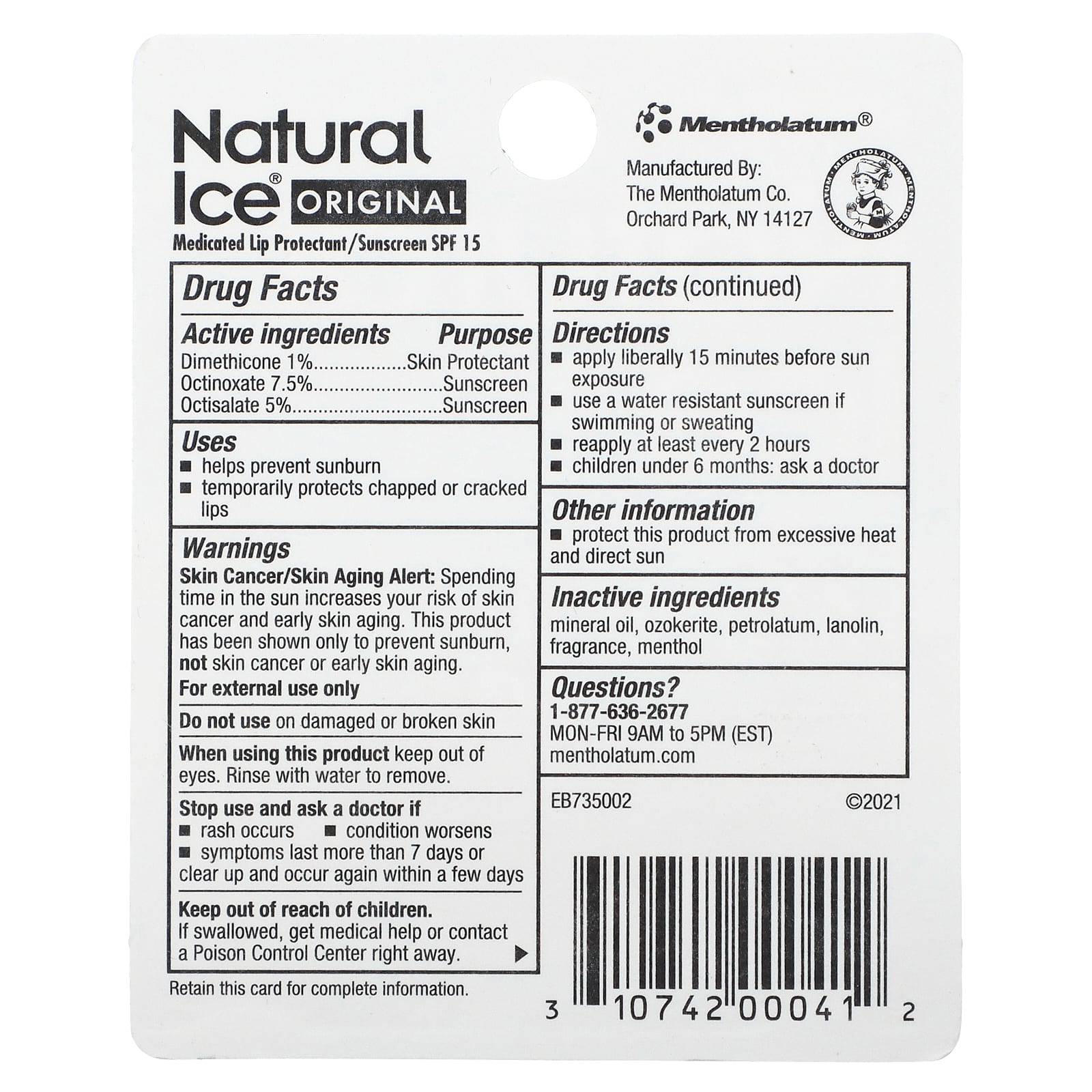 Mentholatum, Natural Ice, лечебный бальзам для губ, SPF 15, 4,2 г (0,15 унции)