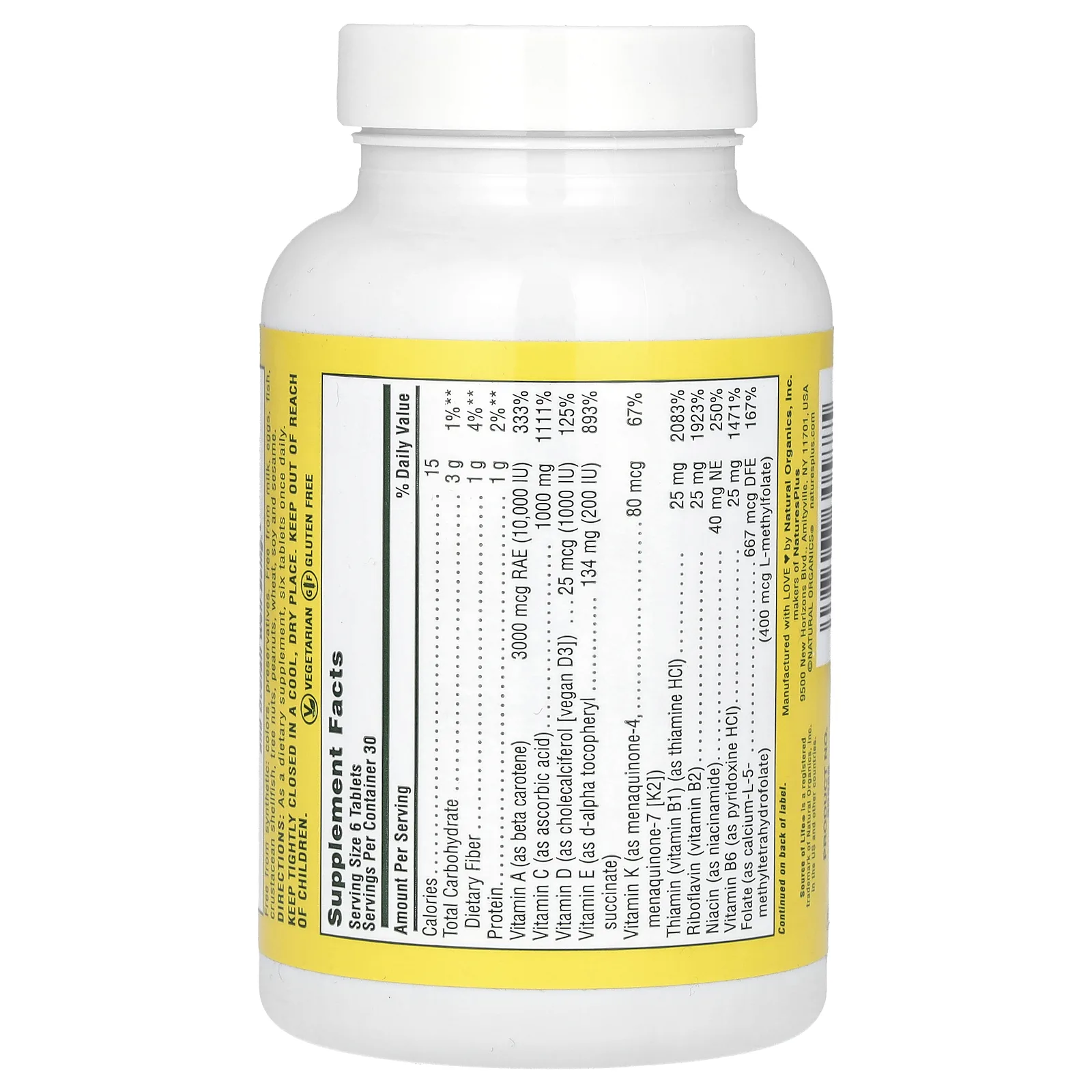 NaturesPlus, Source of Life, оригинальные мини-таблетки, добавка с мультивитаминами и минералами с концентрированными цельными продуктами, без железа, 180 таблеток