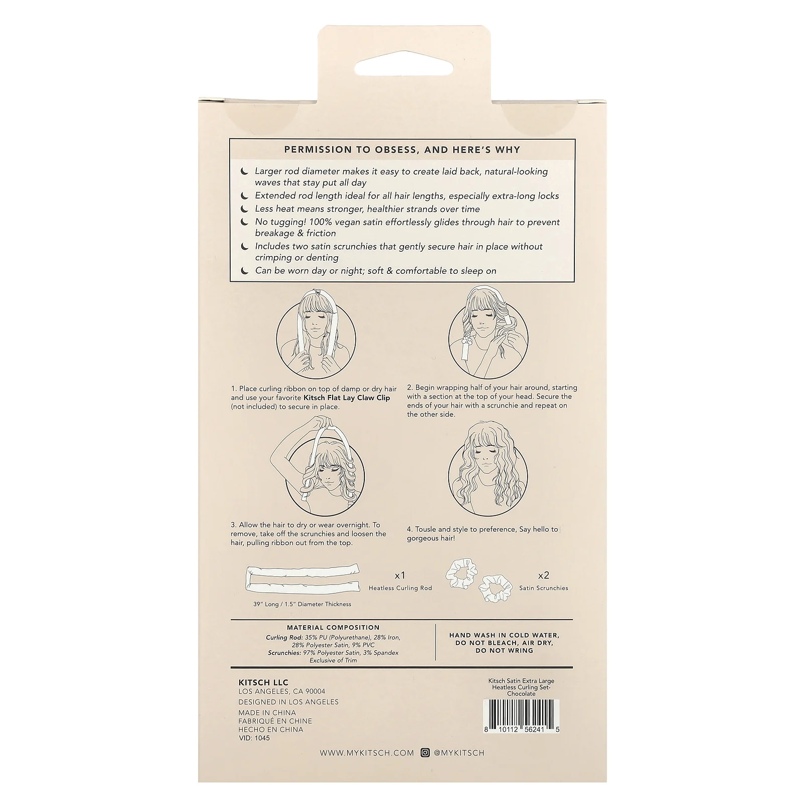 Kitsch, Набор для завивки без нагрева сатином, очень большой, шоколадный, 1 набор