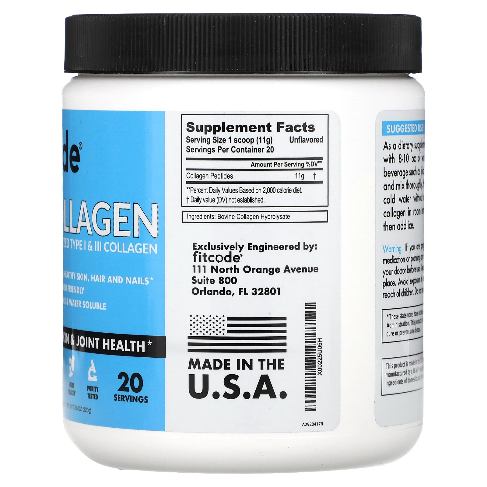 fitcode, Collagen, гидролизованный коллаген типов I и III, без добавок, 220 г (7,76 унции)