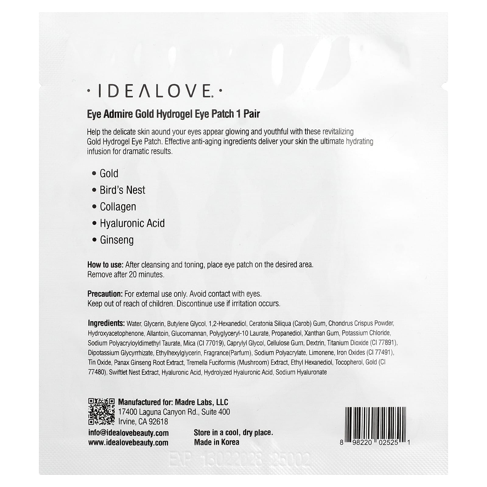 Idealove, Eye Admire, гидрогелевые патчи для глаз с золотом, 1 пара