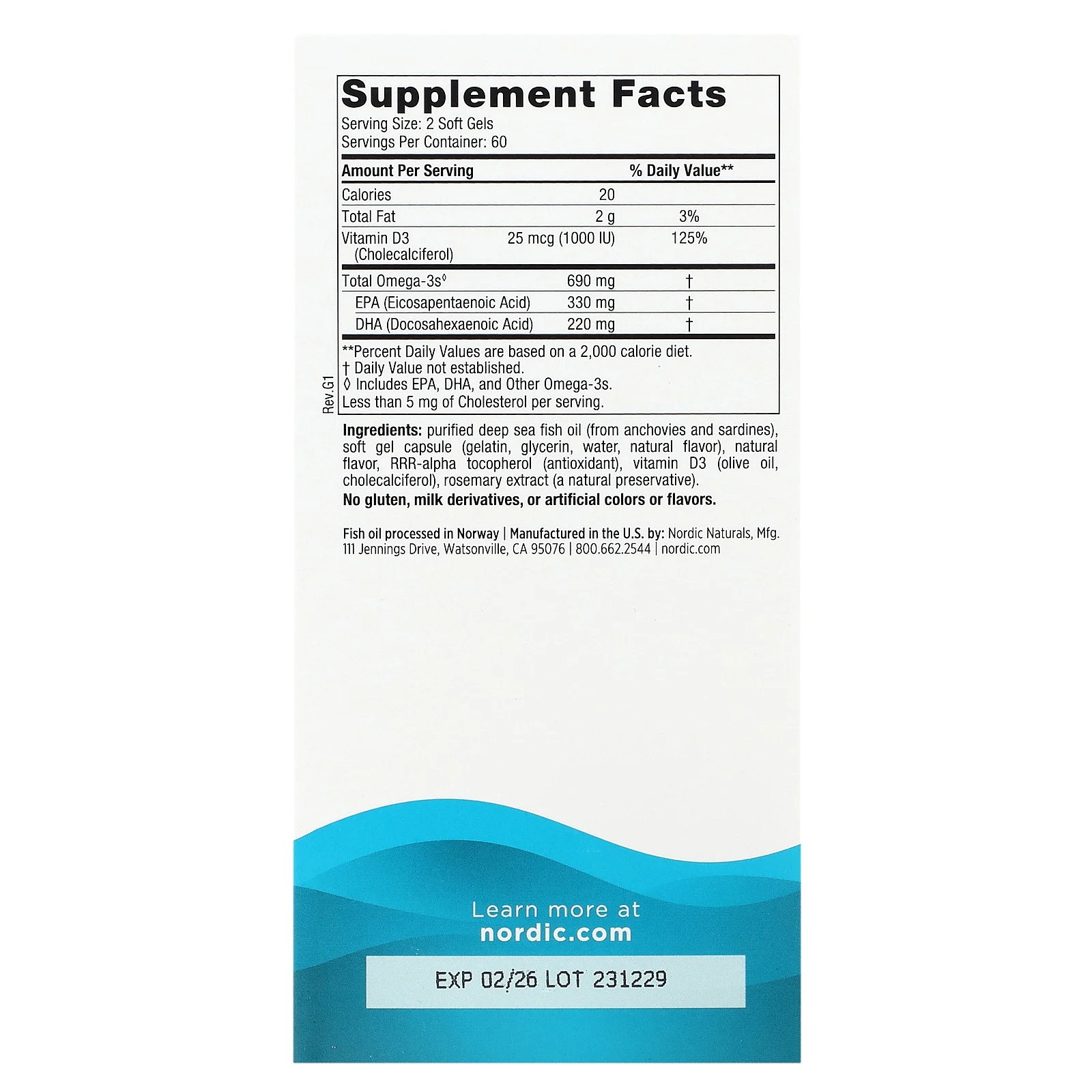 Nordic Naturals, Omega-3D, со вкусом лимона, 120 капсул