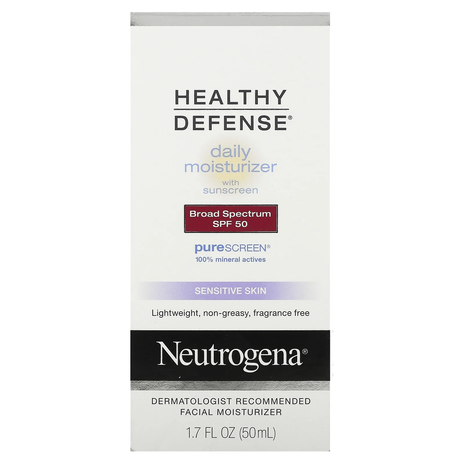 Neutrogena, Healthy Defense, дневной увлажняющий солнцезащитный крем широкого спектра защиты для чувствительной кожи, SPF 50, 50 мл (1,7 жидк. унции)