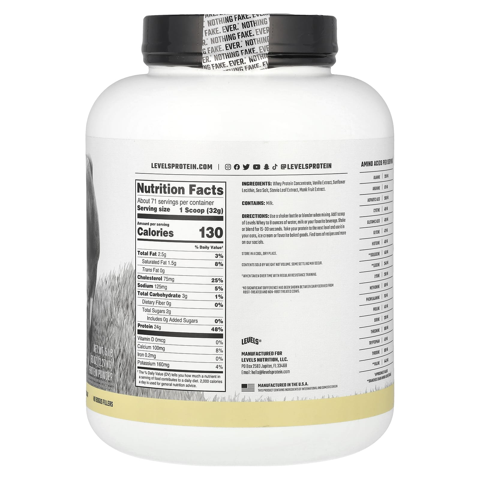 Levels, Порошок из сывороточного протеина от травяного откорма, со стручками ванили, 2,27 кг (5 фунтов)