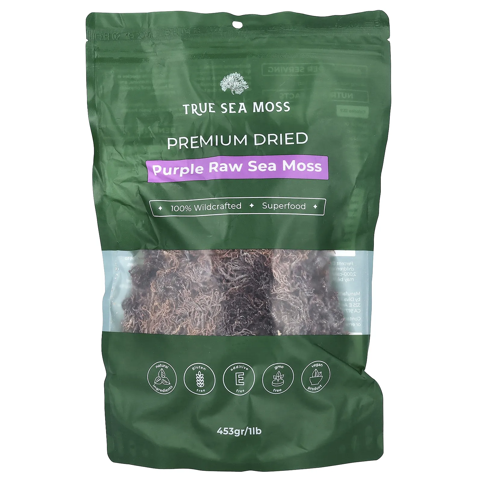 True Sea Moss, Фиолетовый необработанный морской мох, 453 г (1 фунт)
