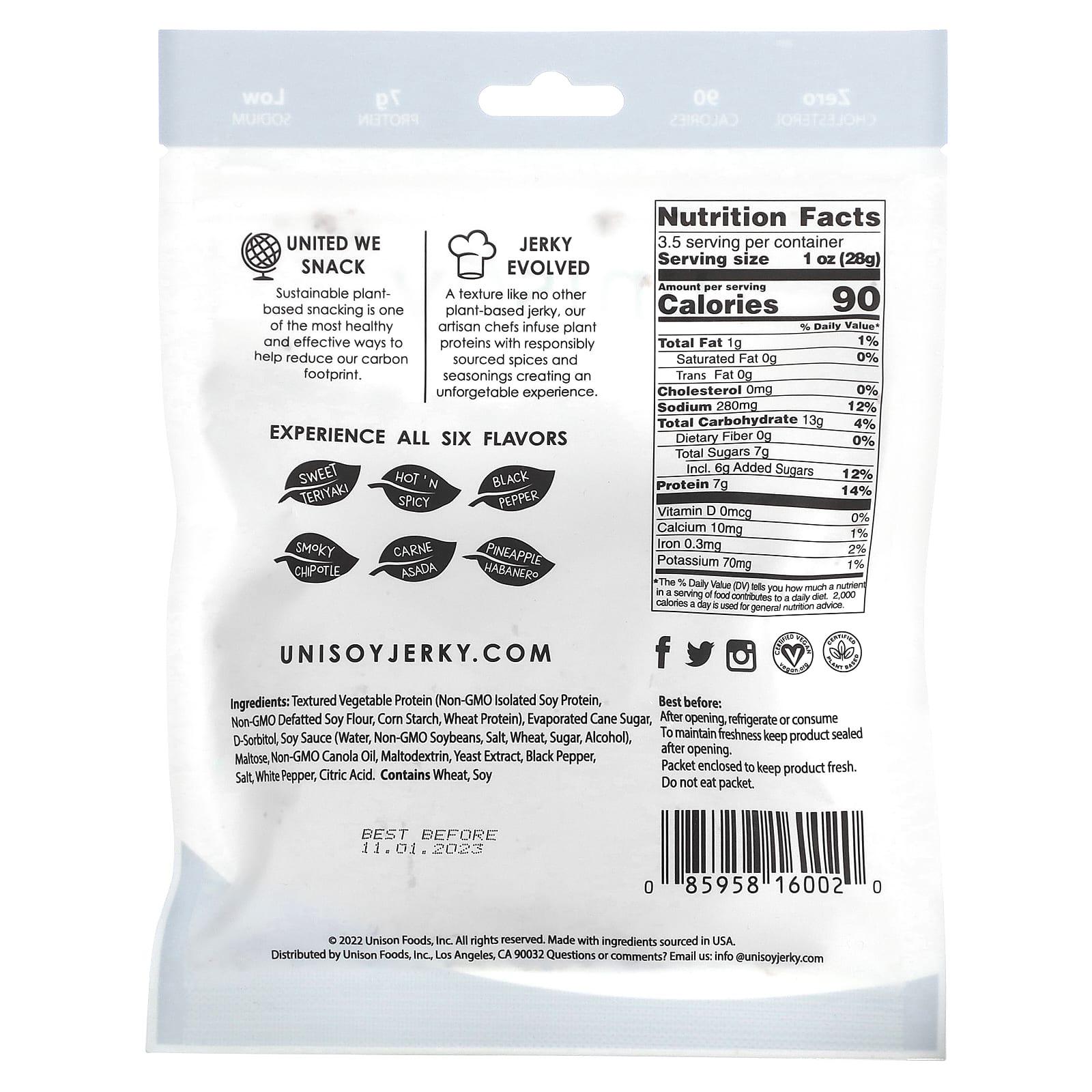 Unisoy, Вяленое мясо на растительной основе, черный перец, 100 г (3,5 унции)