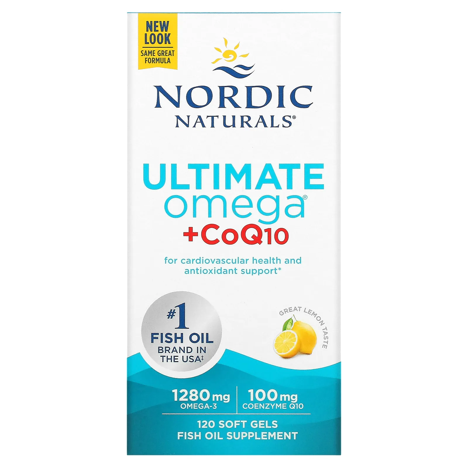 Nordic Naturals, Ultimate Omega + CoQ10, высокоэффективные омега-3 кислоты с коэнзимом Q10, со вкусом лимона, 1280 мг, 120 капсул (640 мг в 1 капсуле)