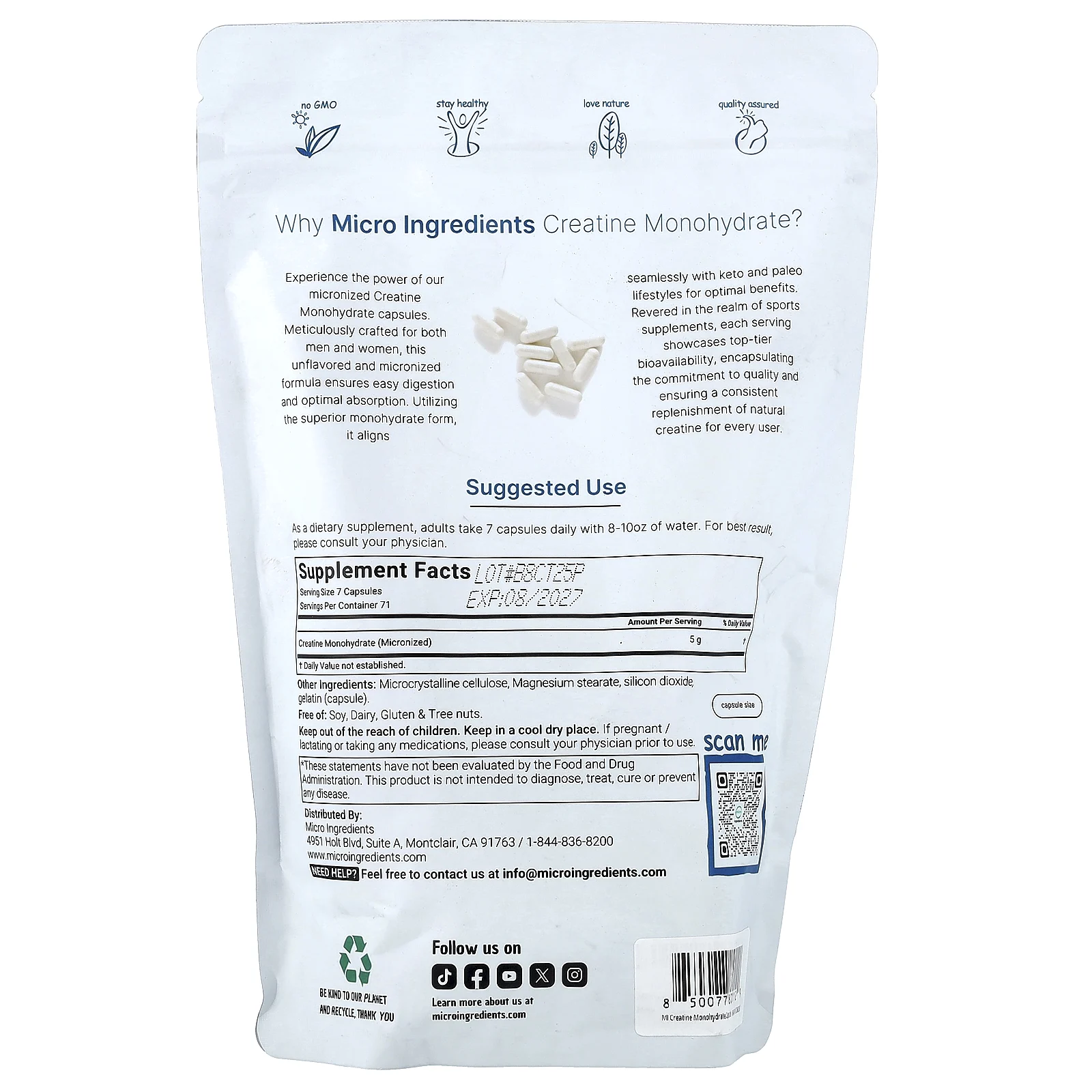 Micro Ingredients, моногидрат креатина, 500 капсул (714,28 мг в 1 капсуле)