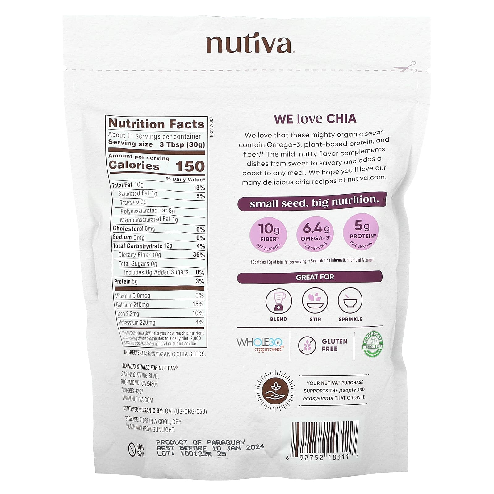 Nutiva, органические семена чиа, 340 г (12 унций)