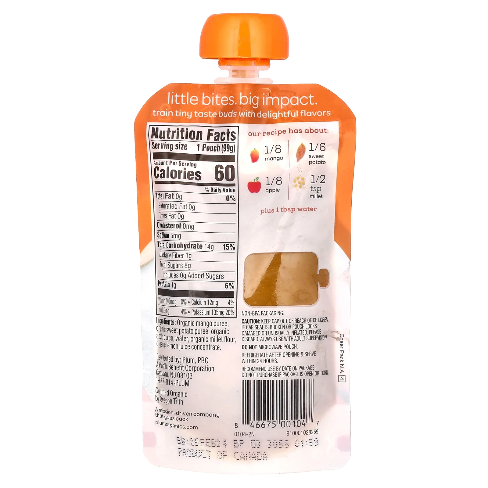 Plum Organics, органическое детское питание, этап 2, манго, батат, яблоко, пшено, 99 г (3,5 унции)