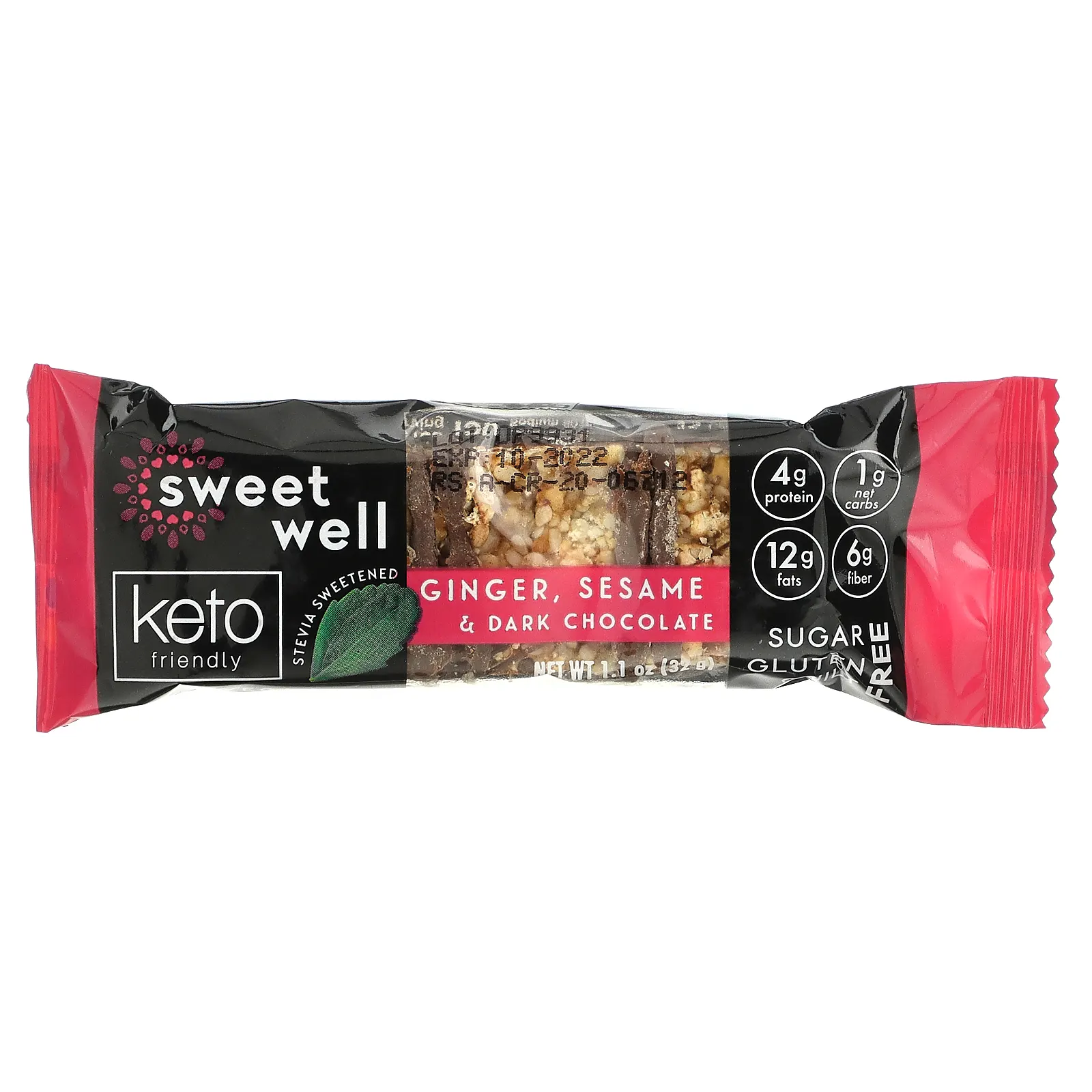 Sweetwell, Keto Bar, имбирь, кунжут и темный шоколад, 10 батончиков по 32 г (1,1 унции)