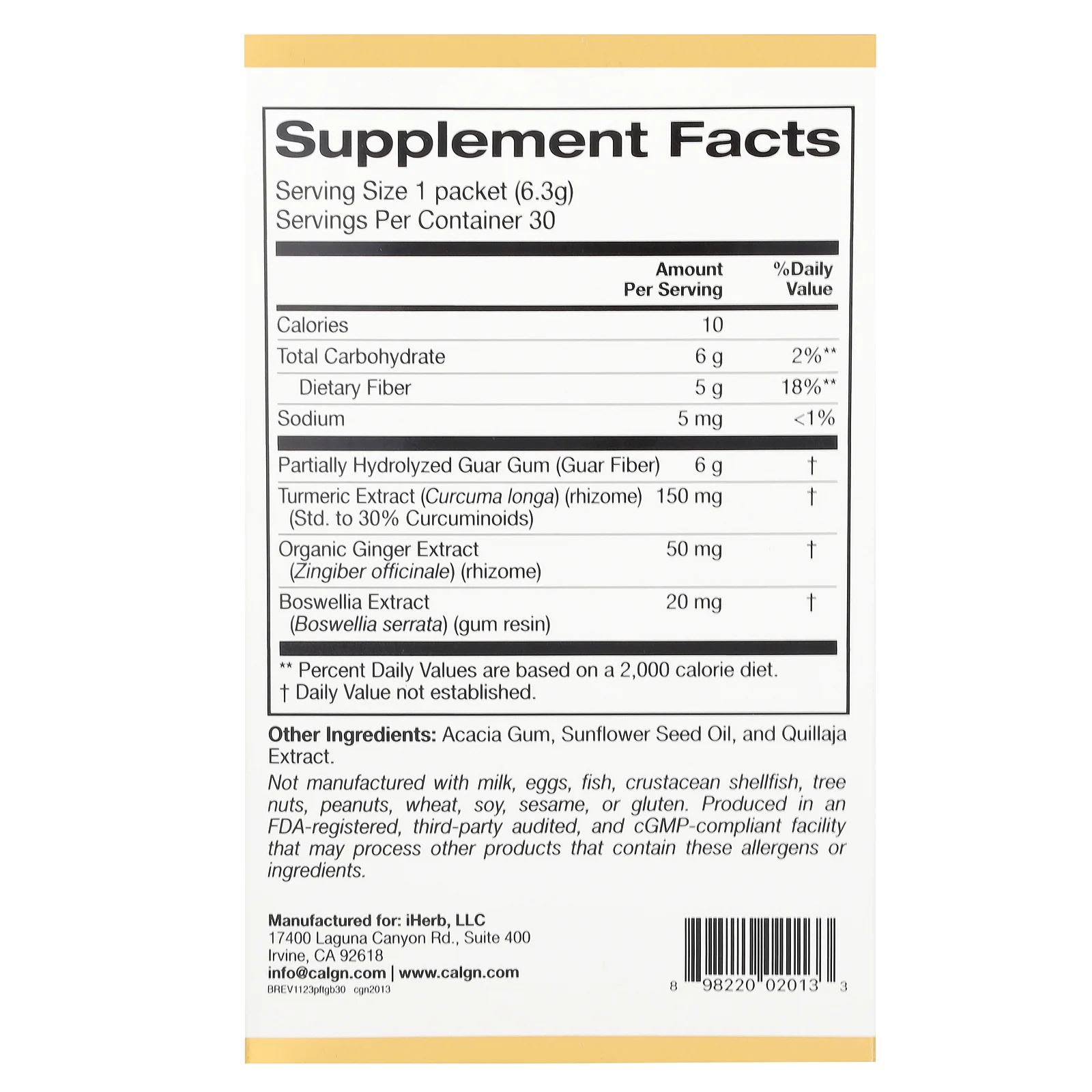 California Gold Nutrition, пребиотическая клетчатка с куркумой, имбирем и босвеллией, 30 пакетиков по 6,3 г (0,22 унции) каждый