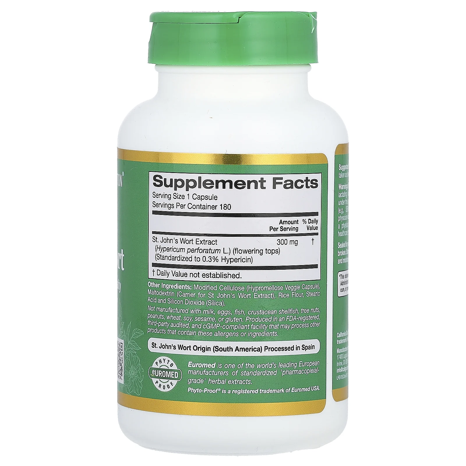 California Gold Nutrition, EuroHerbs, зверобой, качество EuroMed, 300 мг, 180 растительных капсул