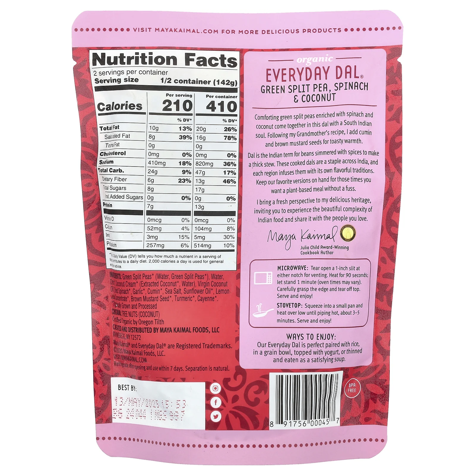 Maya Kaimal, Organic Everyday Dal, зеленый горошек, шпинат и кокос, 284 г (10 унций)