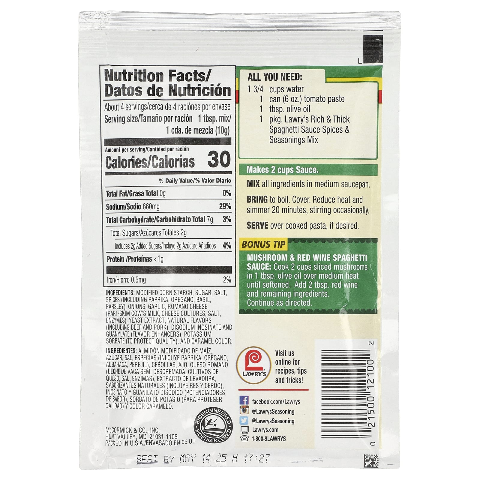 Lawry's, Густой и насыщенный соус для спагетти, смесь специй и приправ, 40 г (1,42 унции)