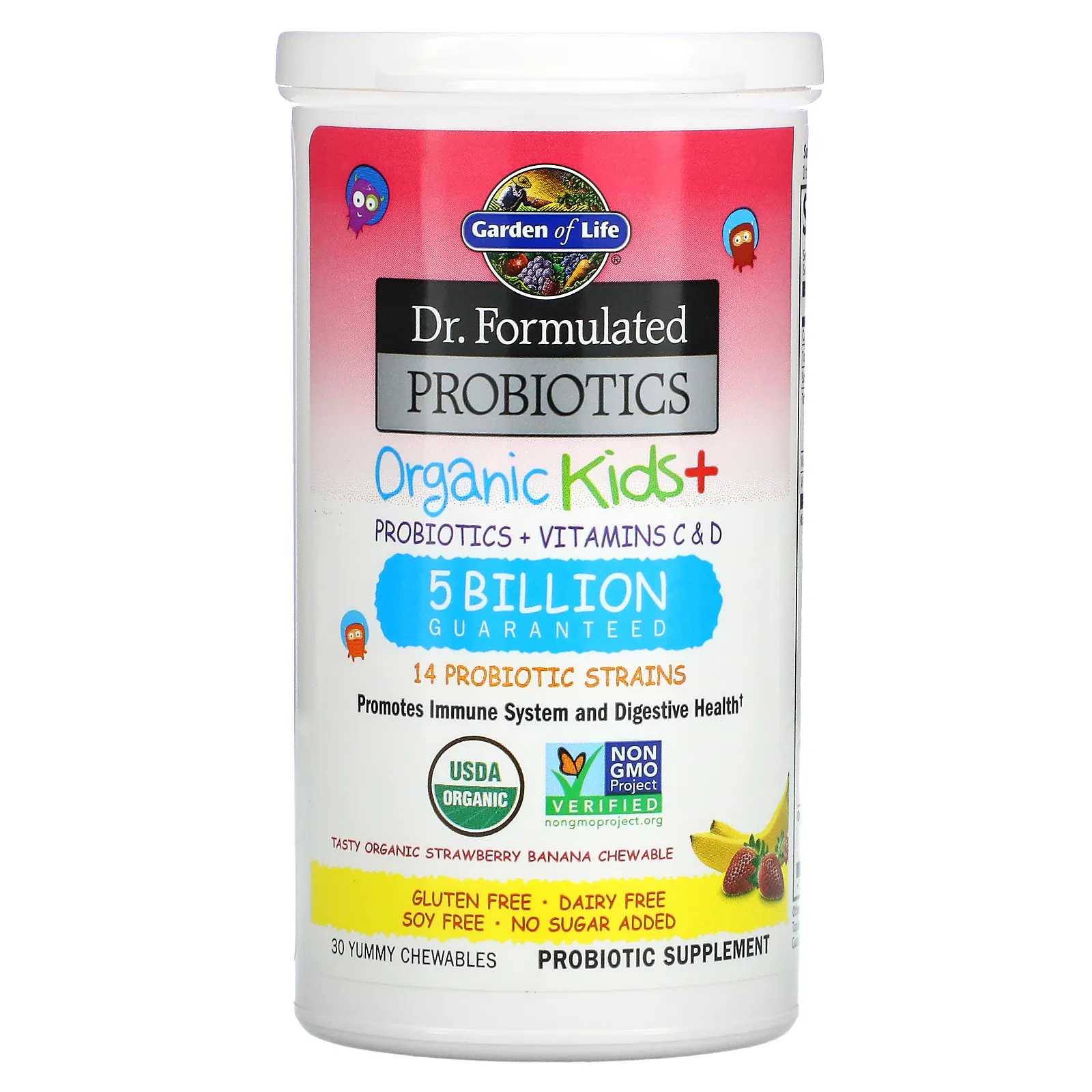 Garden of Life, Dr Formulated Probiotics, Organic Kids+, органические пробиотики для детей, со вкусом органической клубники и банана, 30 вкусных жевательных таблеток