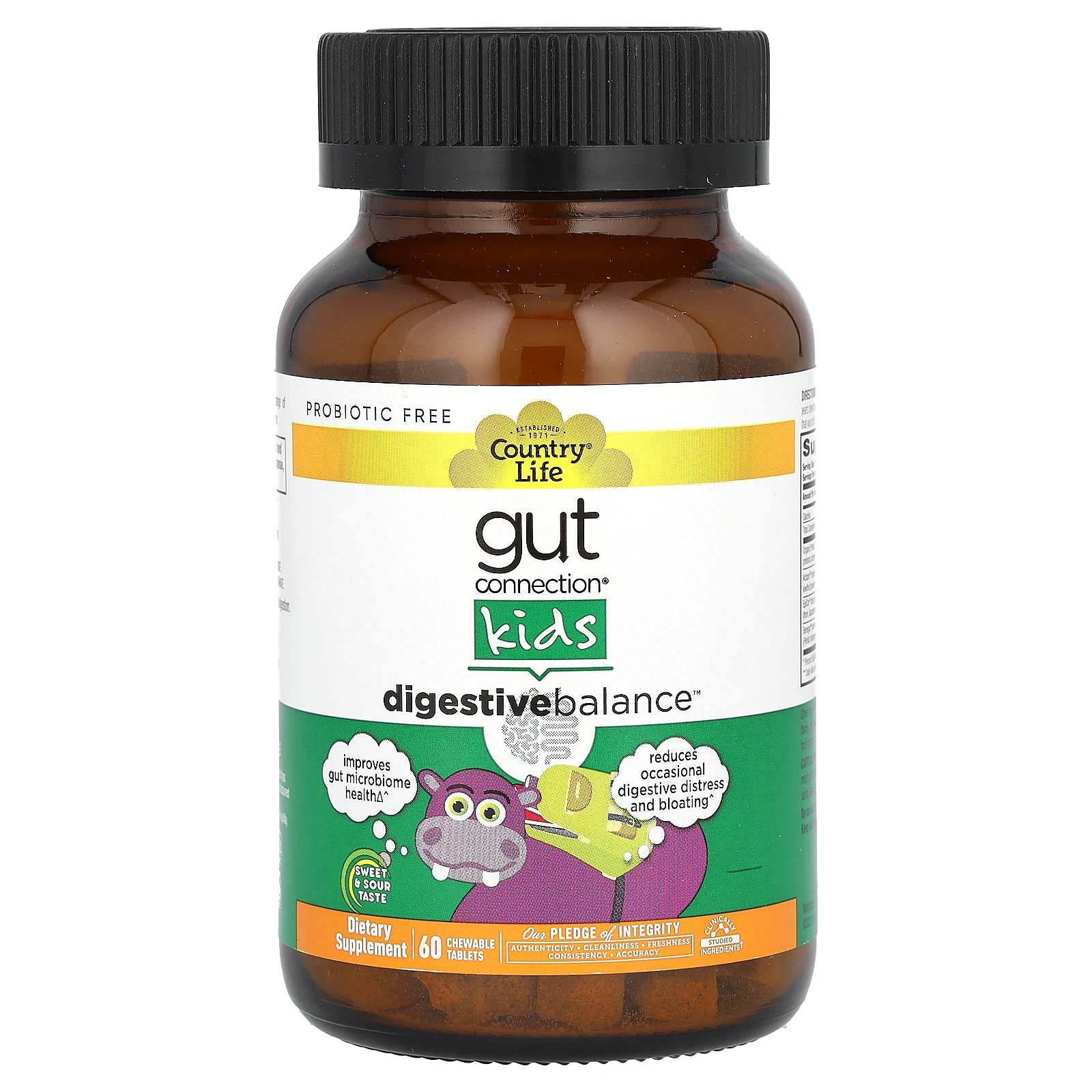 Country Life, Gut Connection Kids, когнитивный баланс, кисло-сладкий вкус, 60 жевательных таблеток