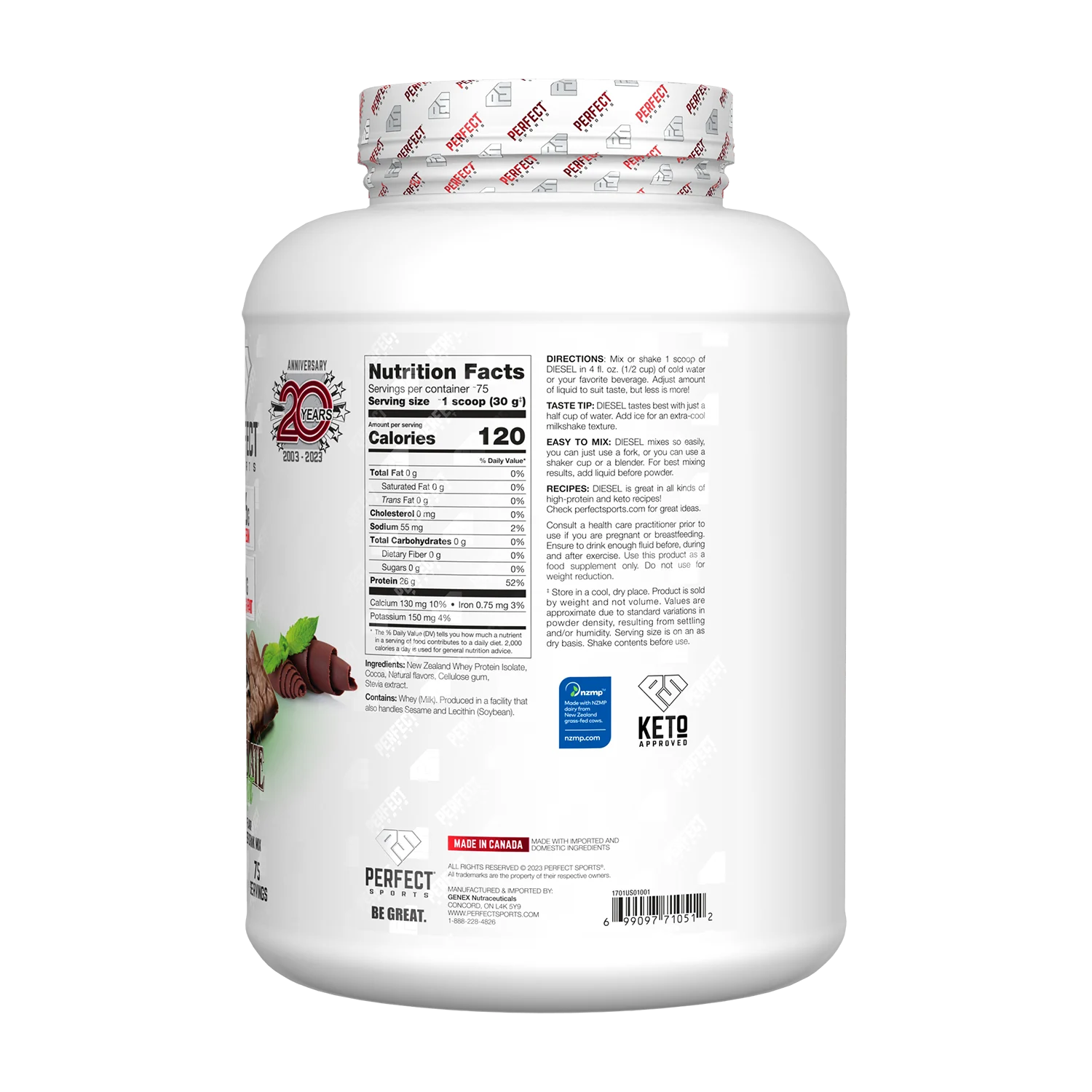 PERFECT Sports, Diet, новозеландский сывороточный изолят, шоколад и мята, 2,27 кг (5 фунтов)