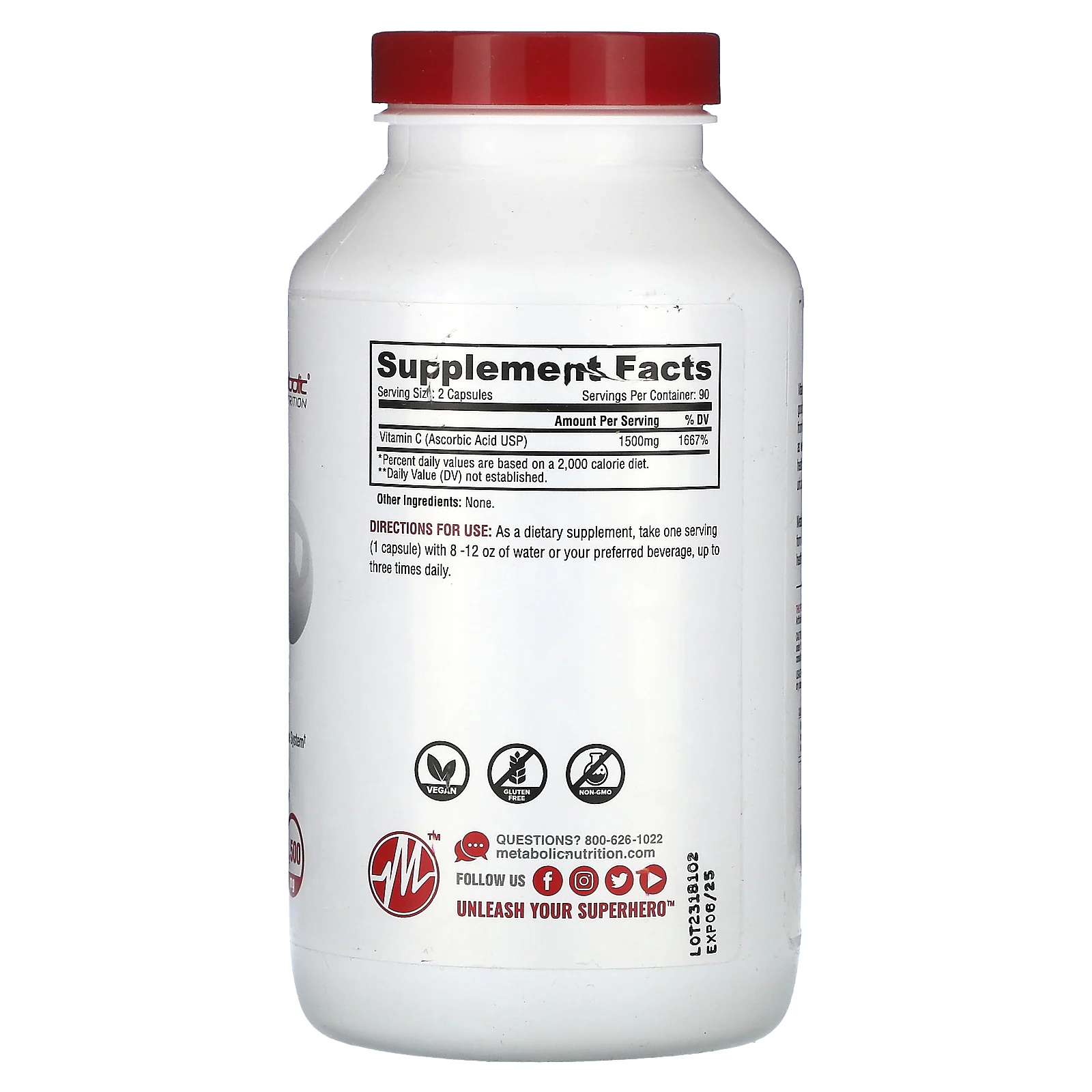 Metabolic Nutrition, витамин C, 1500 мг, 180 капсул (750 мг в 1 капсуле)