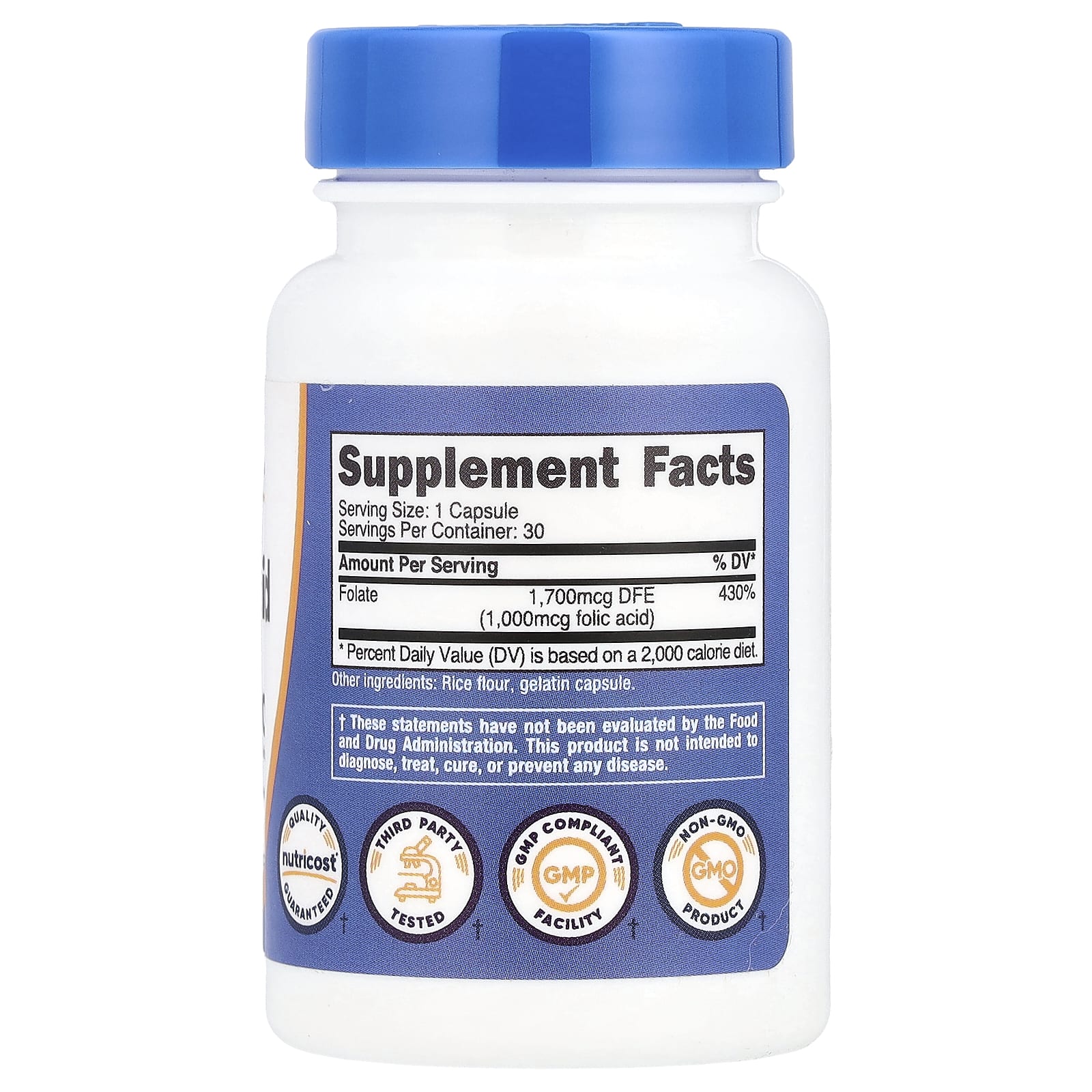 Nutricost, Фолиевая кислота, 1000 мкг, 30 капсул