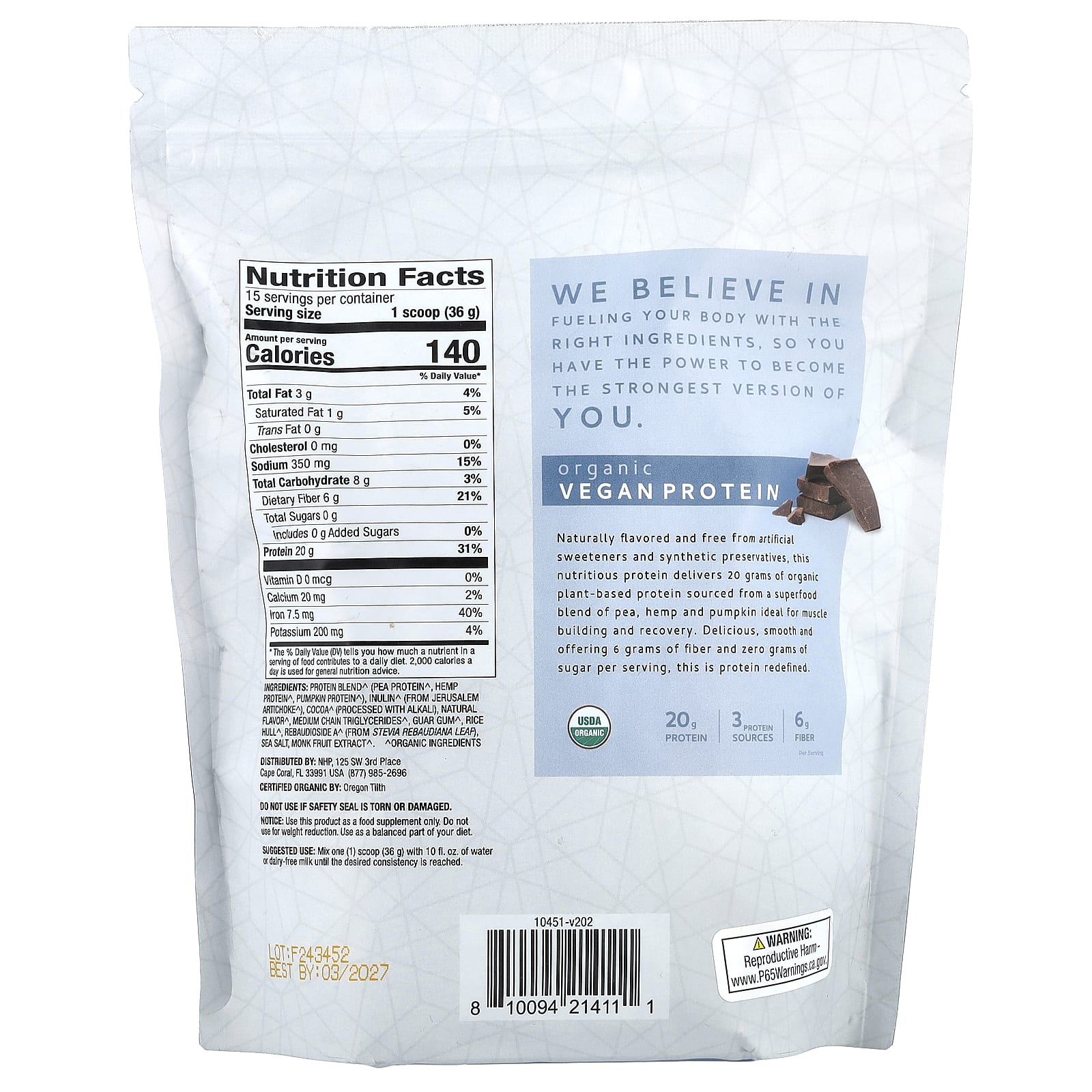 Dr. Mercola, Pure Power, органический веганский протеин, со вкусом шоколада, 540 г (1 фунт 3 унции)