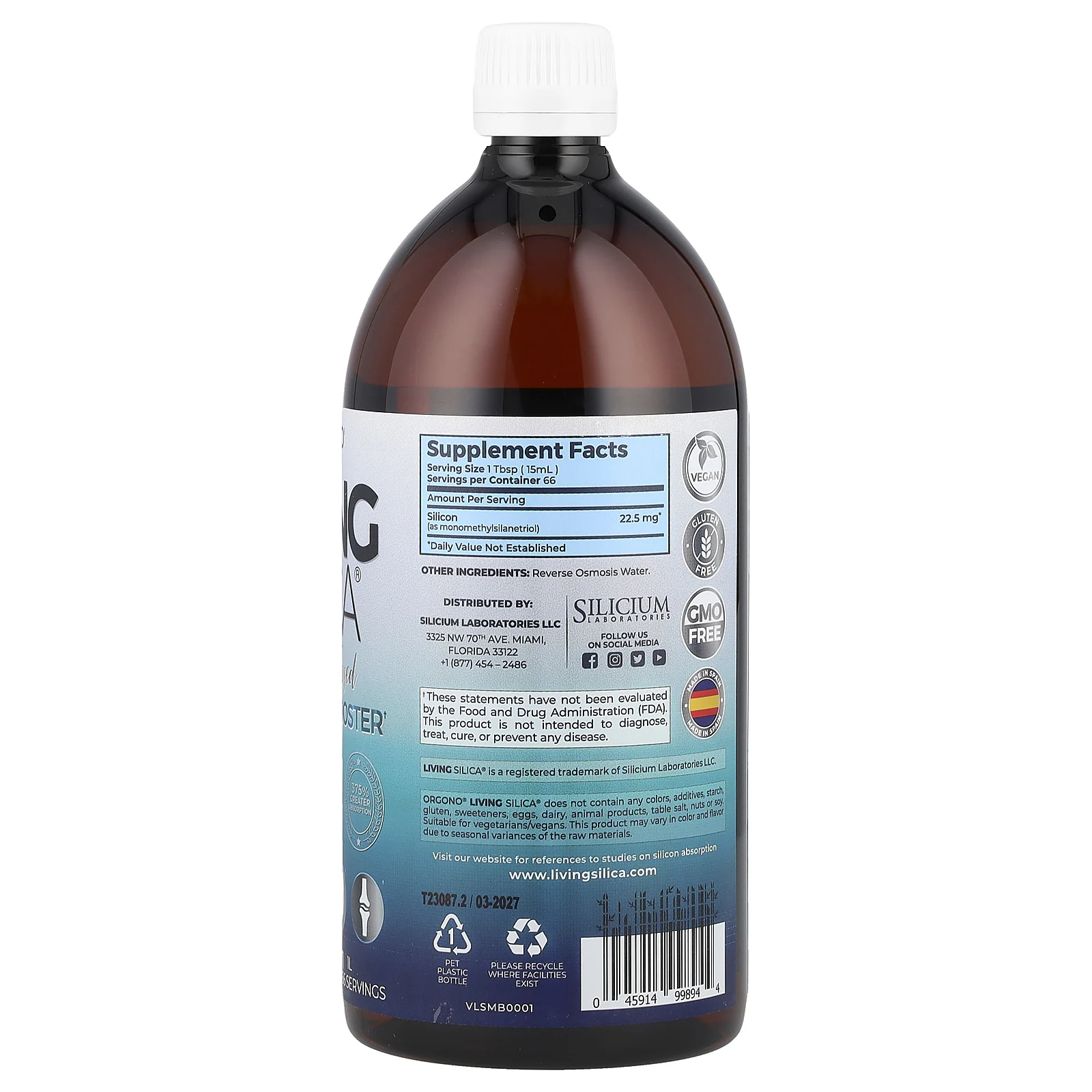 Silicium Laboratories, Orgono Living Silica, усилитель коллагена, 1 л (33,8 жидк. унции)