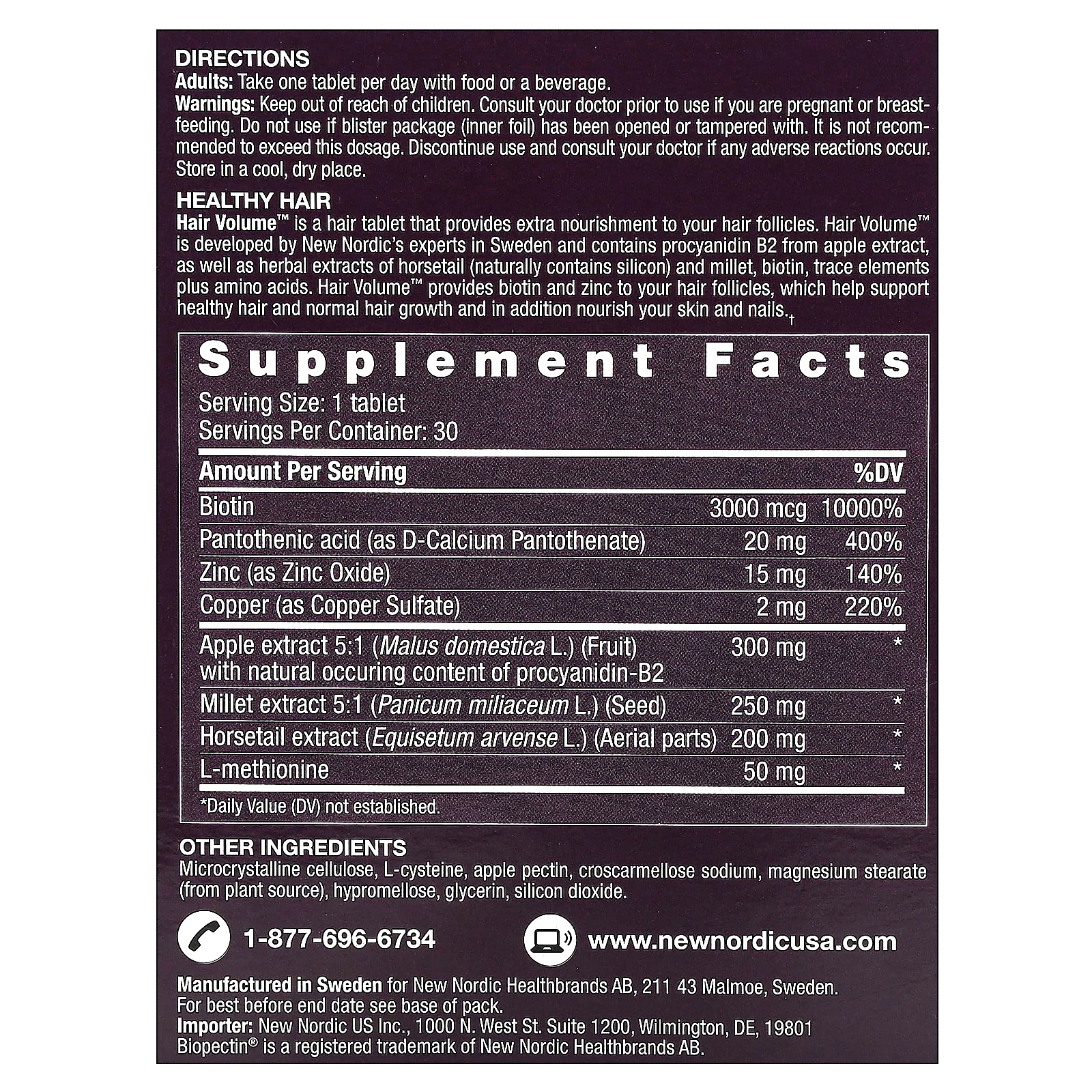 New Nordic US Inc, Hair Volume, средство для роста и объема волос, с растительными ингредиентами, 30 таблеток