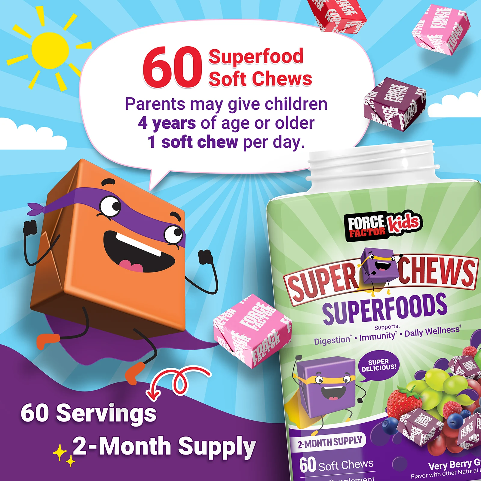 Force Factor, Для детей, Super Chews Superfoods, очень ягодный виноград, 60 жевательных таблеток